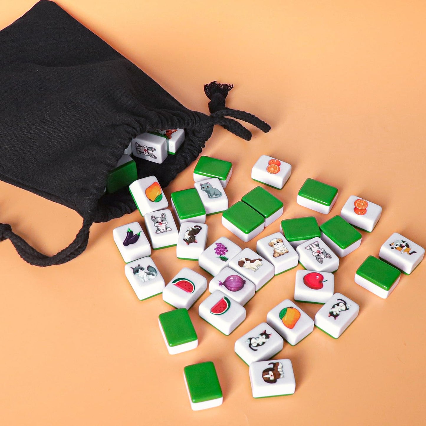 GRACIAS 4-Player Mahjong Block Set – 128 Green Tiles (1.18 inch) with Animal and Food Patterns