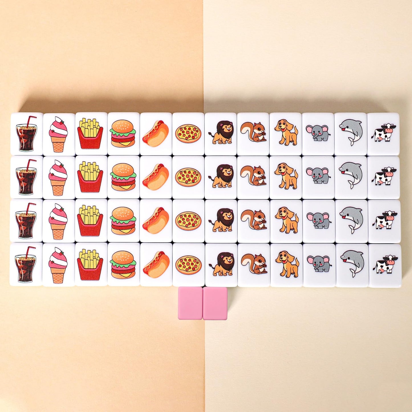 GRACIAS 2-Player Mahjong Set — 50 Pink Tiles, Animal & Food Patterns, Portable Carry Bag