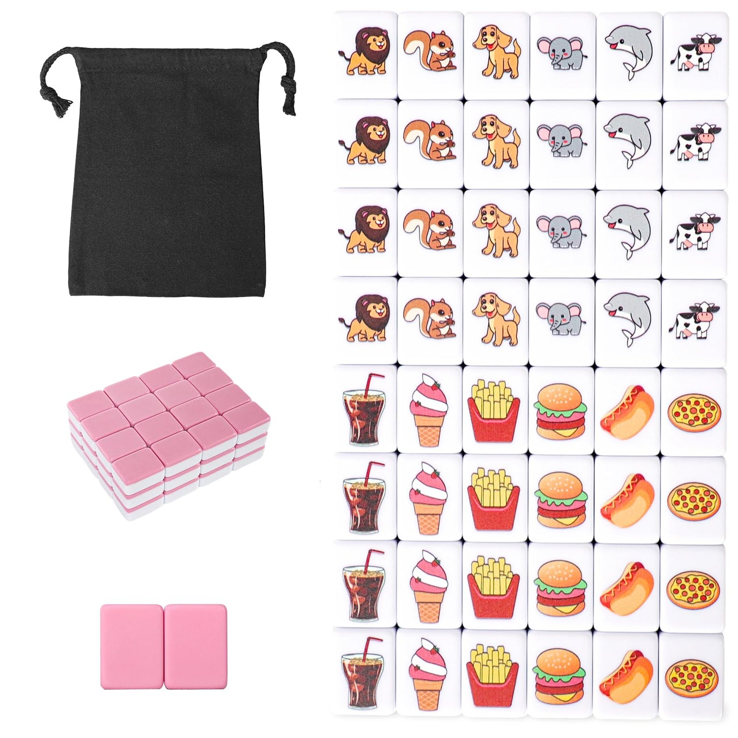 GRACIAS 2-Player Mahjong Set — 50 Pink Tiles, Animal & Food Patterns, Portable Carry Bag