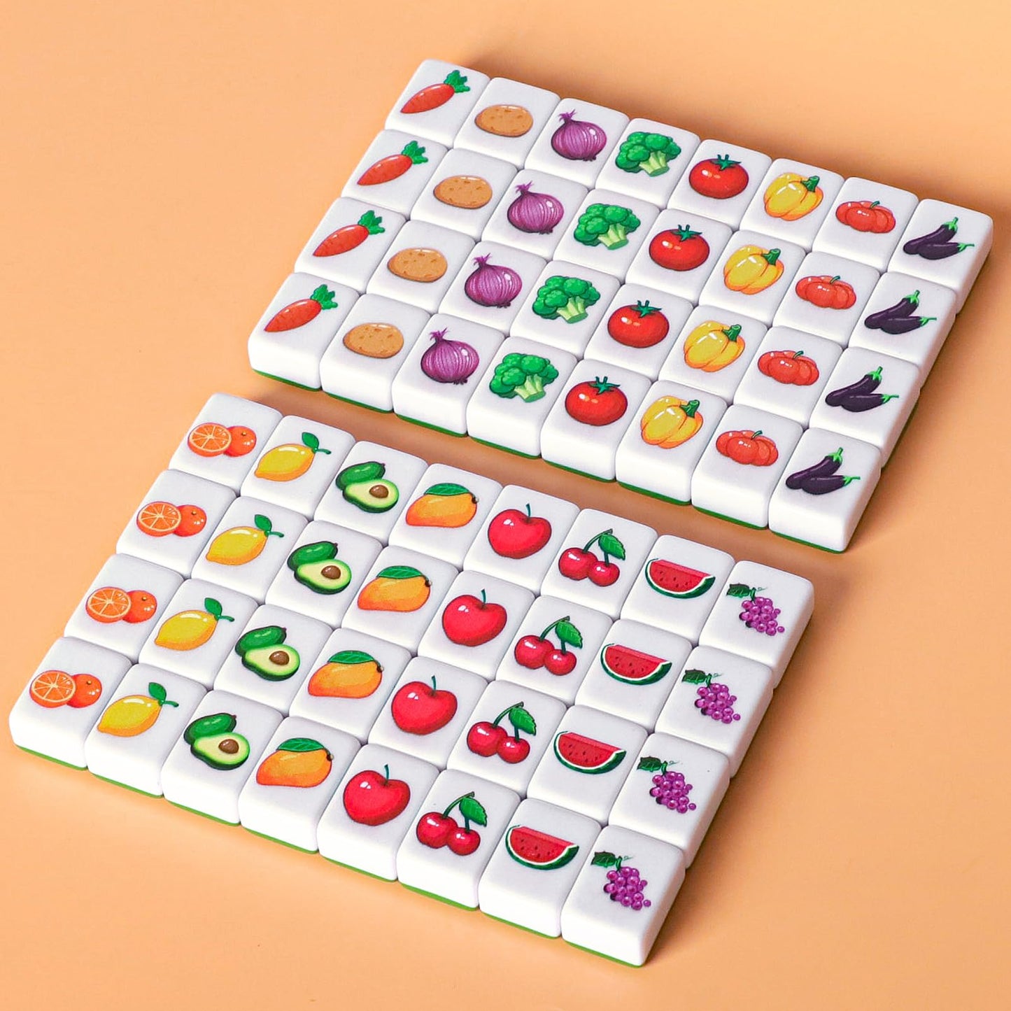GRACIAS 4-Player Mahjong Block Set – 128 Green Tiles (1.18 inch) with Animal and Food Patterns