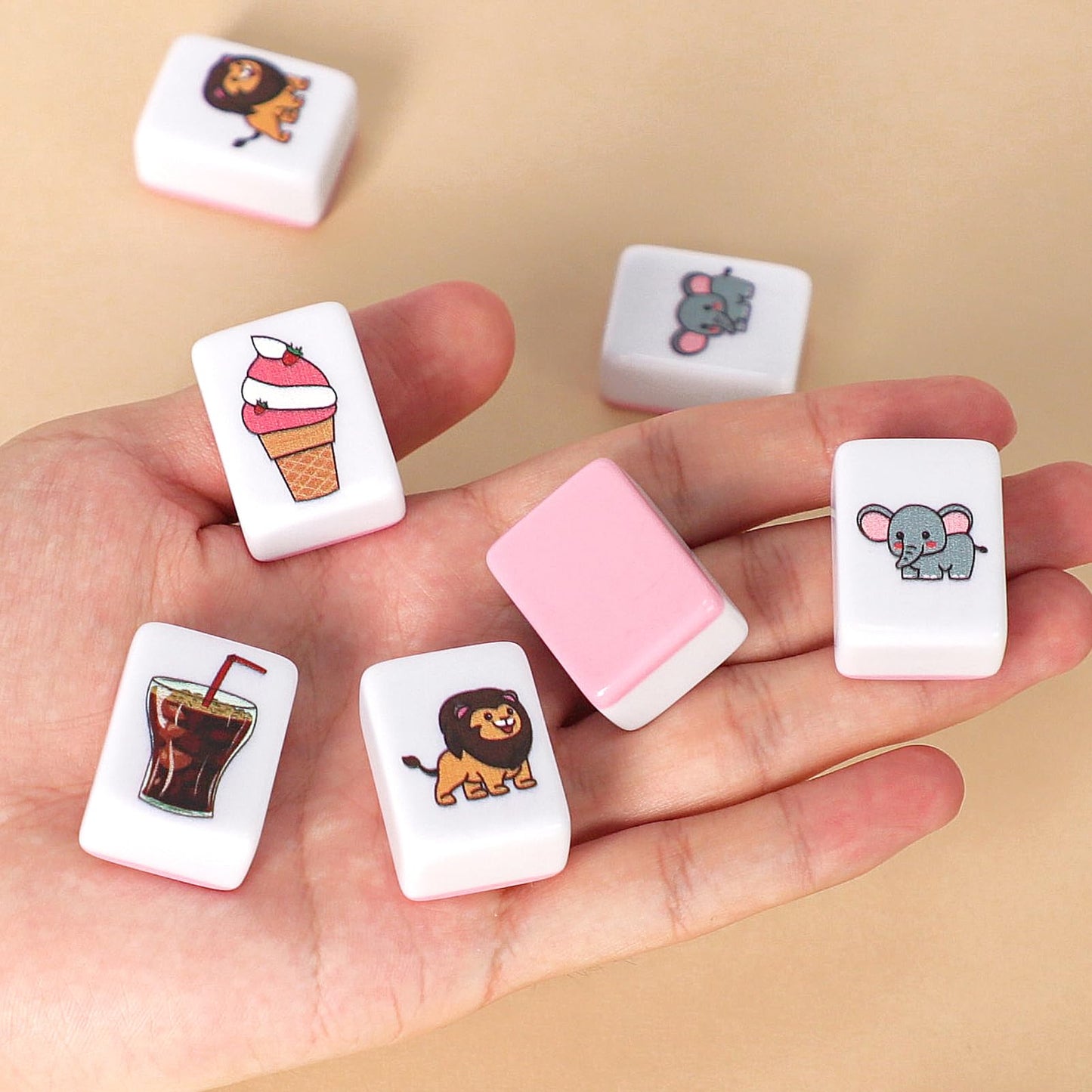 GRACIAS 2-Player Mahjong Set — 50 Pink Tiles, Animal & Food Patterns, Portable Carry Bag