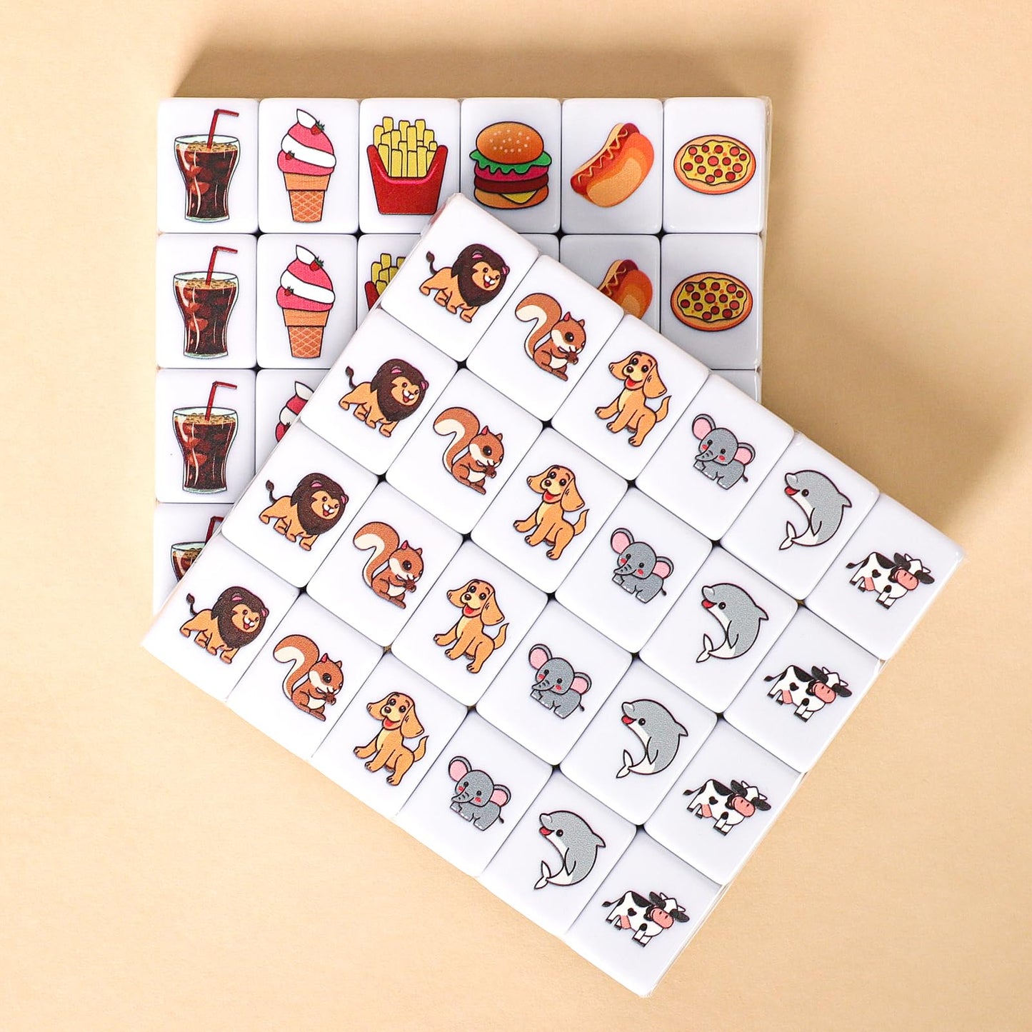 GRACIAS 2-Player Mahjong Set — 50 Pink Tiles, Animal & Food Patterns, Portable Carry Bag