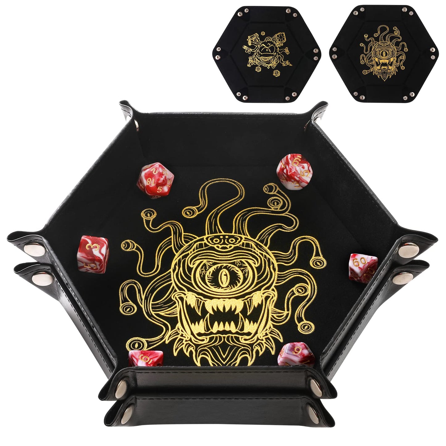 Grajar 2 Pcs Portable Folding Dice Tray Set – Beholder Edition, PU Leather & Velvet Holder for RPG DND