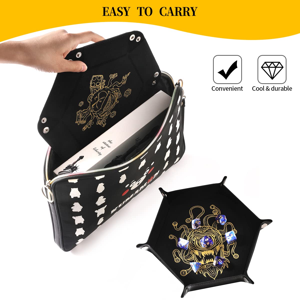 Grajar 2 Pcs Portable Folding Dice Tray Set – Beholder Edition, PU Leather & Velvet Holder for RPG DND