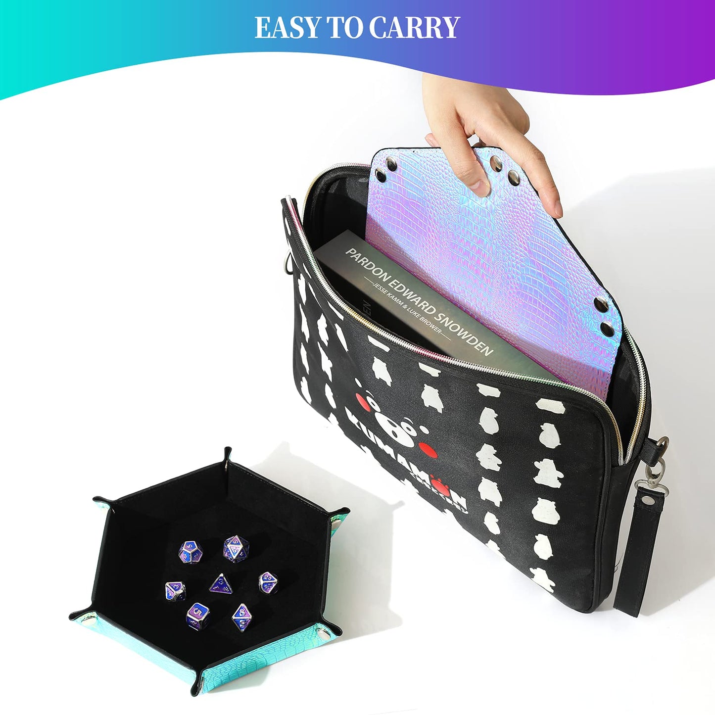 Grajar 2 Pcs Portable Folding Dice Rolling Tray Set for D&D Table Games – PU Leather & Velvet Holder, Graduated Color Dragon Skin