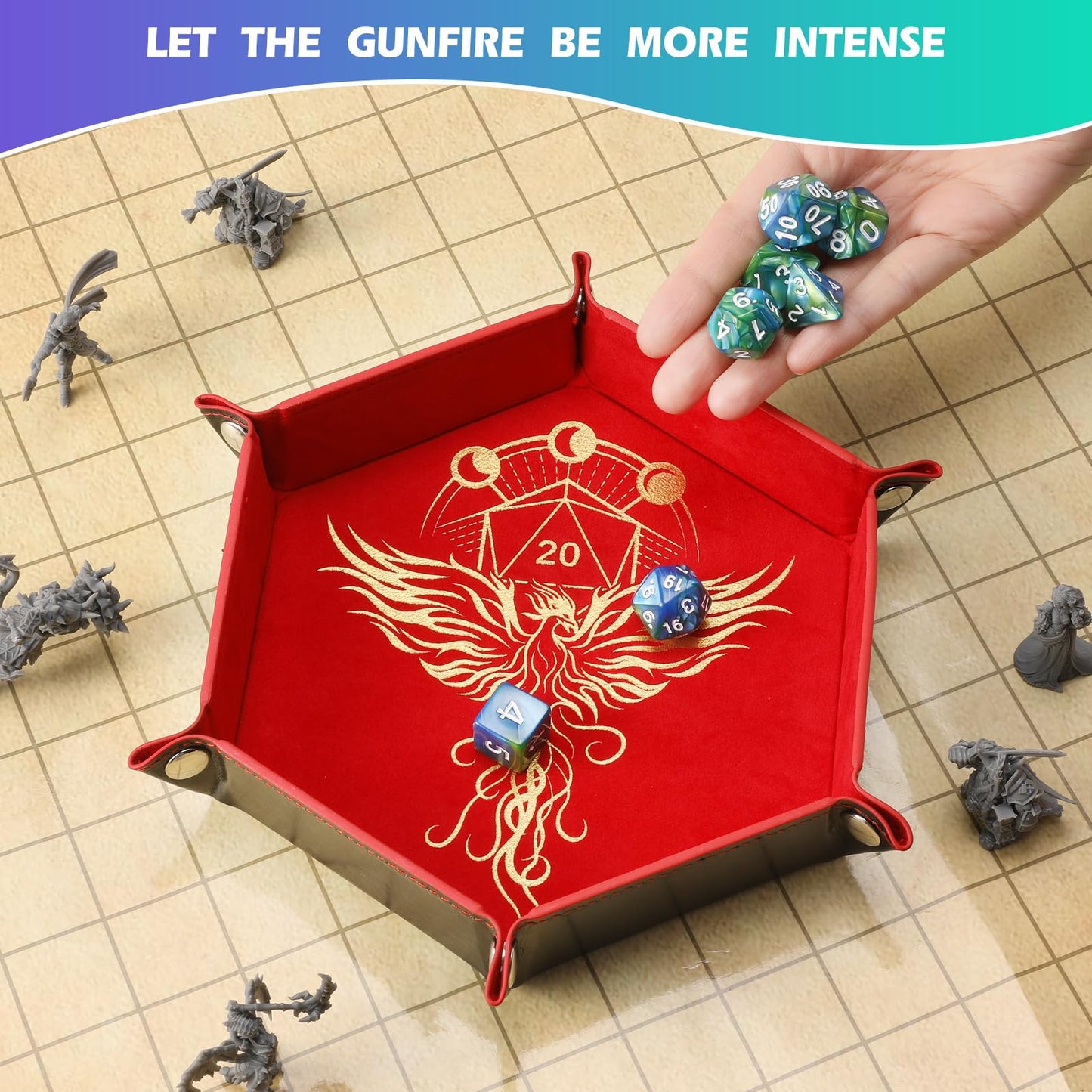 Grajar 2-Pcs Portable Folding Dice Tray Set – Dragon & Phoenix, PU Leather & Velvet