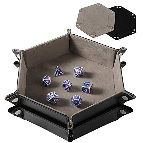 Grajar 2-Pcs Portable Folding Dice Rolling Tray Set for RPG DND – PU Leather & Velvet Holder, Black and Grey