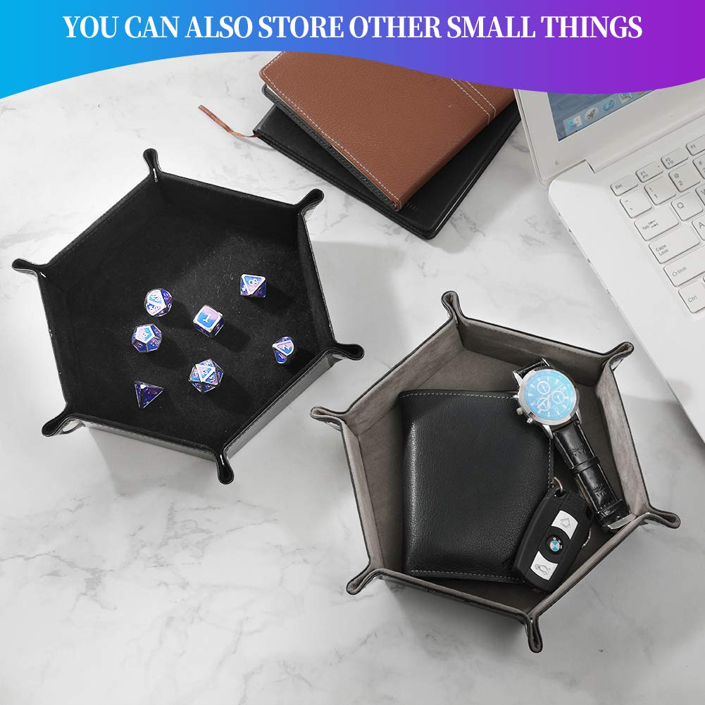 Grajar 2-Pcs Portable Folding Dice Rolling Tray Set for RPG DND – PU Leather & Velvet Holder, Black and Grey