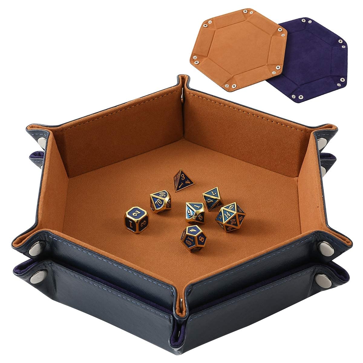 Grajar 2 Pcs Portable Folding Dice Tray Set – PU Leather & Velvet, Navy Blue & Camel