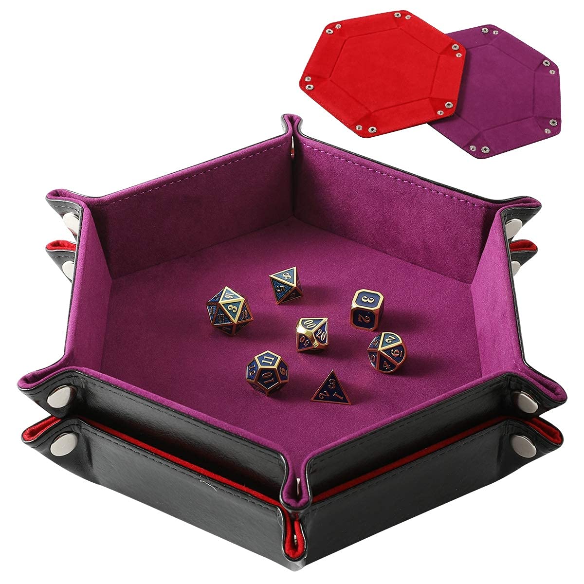 Grajar 2-Piece Folding Dice Tray Set - Red & Violet PU Leather + Velvet