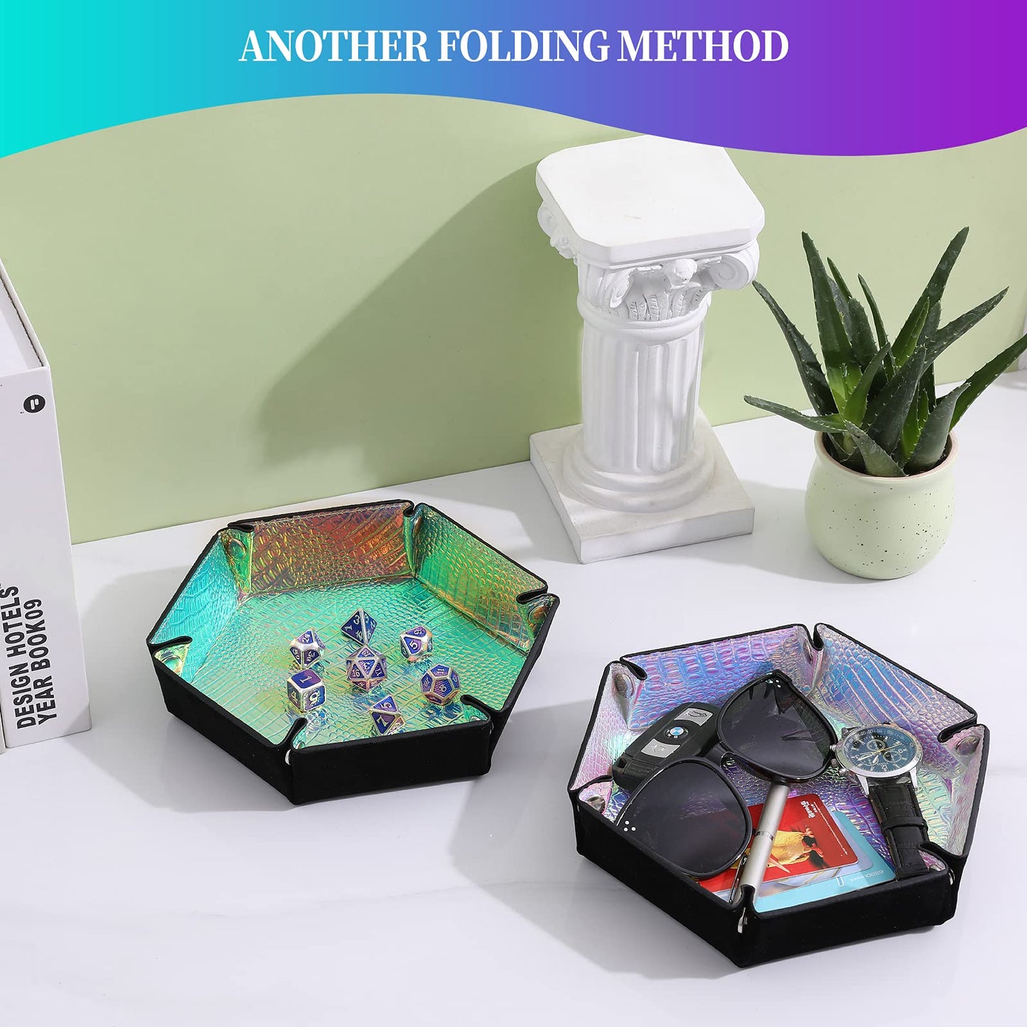Grajar 2 Pcs Portable Folding Dice Rolling Tray Set for D&D Table Games – PU Leather & Velvet Holder, Graduated Color Dragon Skin