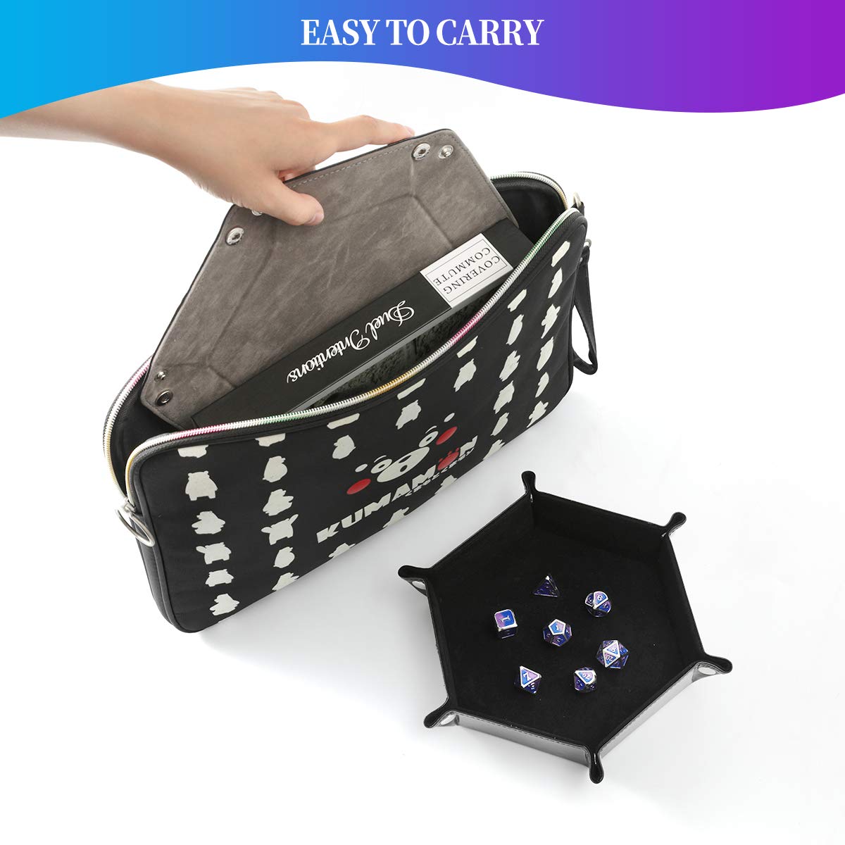 Grajar 2-Pcs Portable Folding Dice Rolling Tray Set for RPG DND – PU Leather & Velvet Holder, Black and Grey