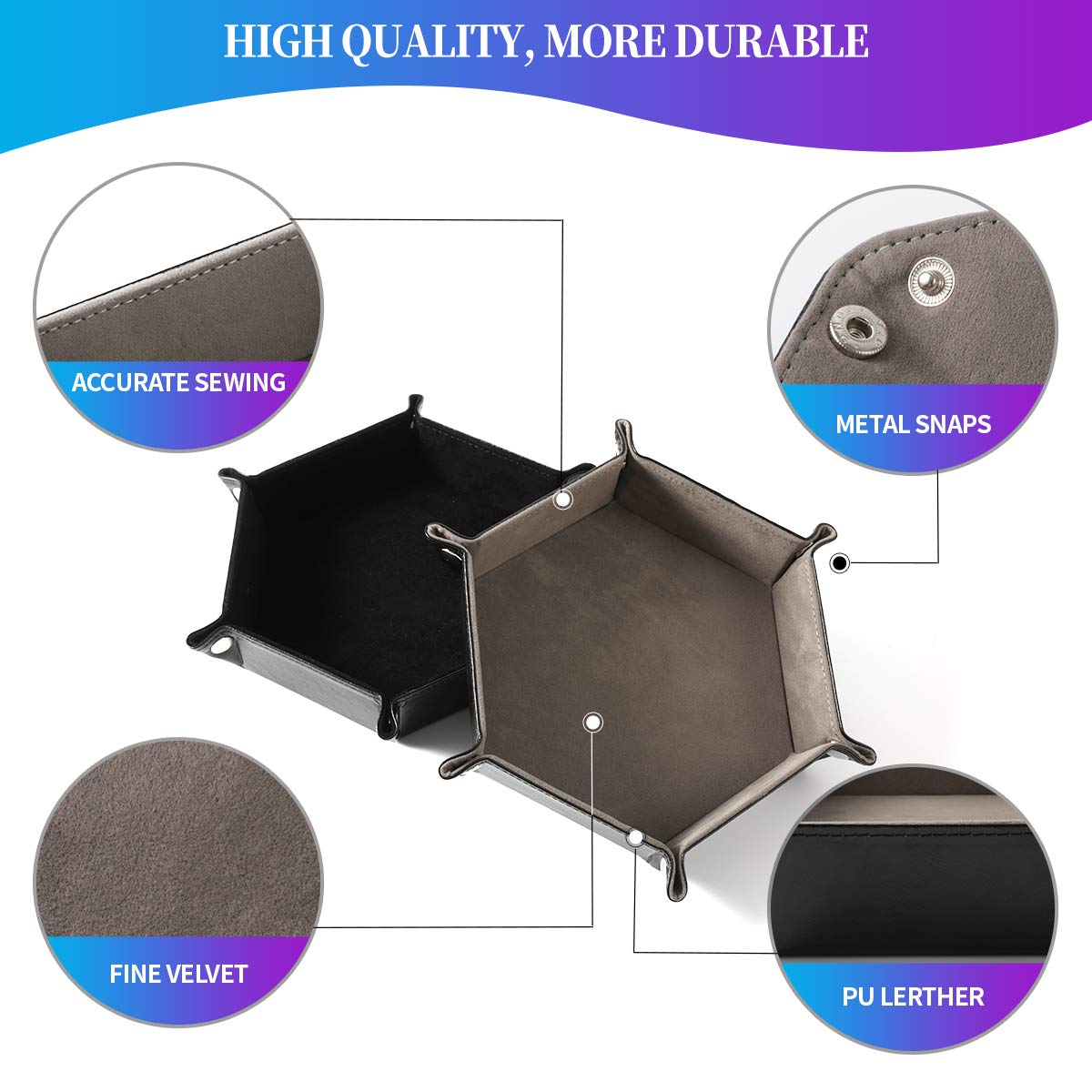 Grajar 2-Pcs Portable Folding Dice Rolling Tray Set for RPG DND – PU Leather & Velvet Holder, Black and Grey