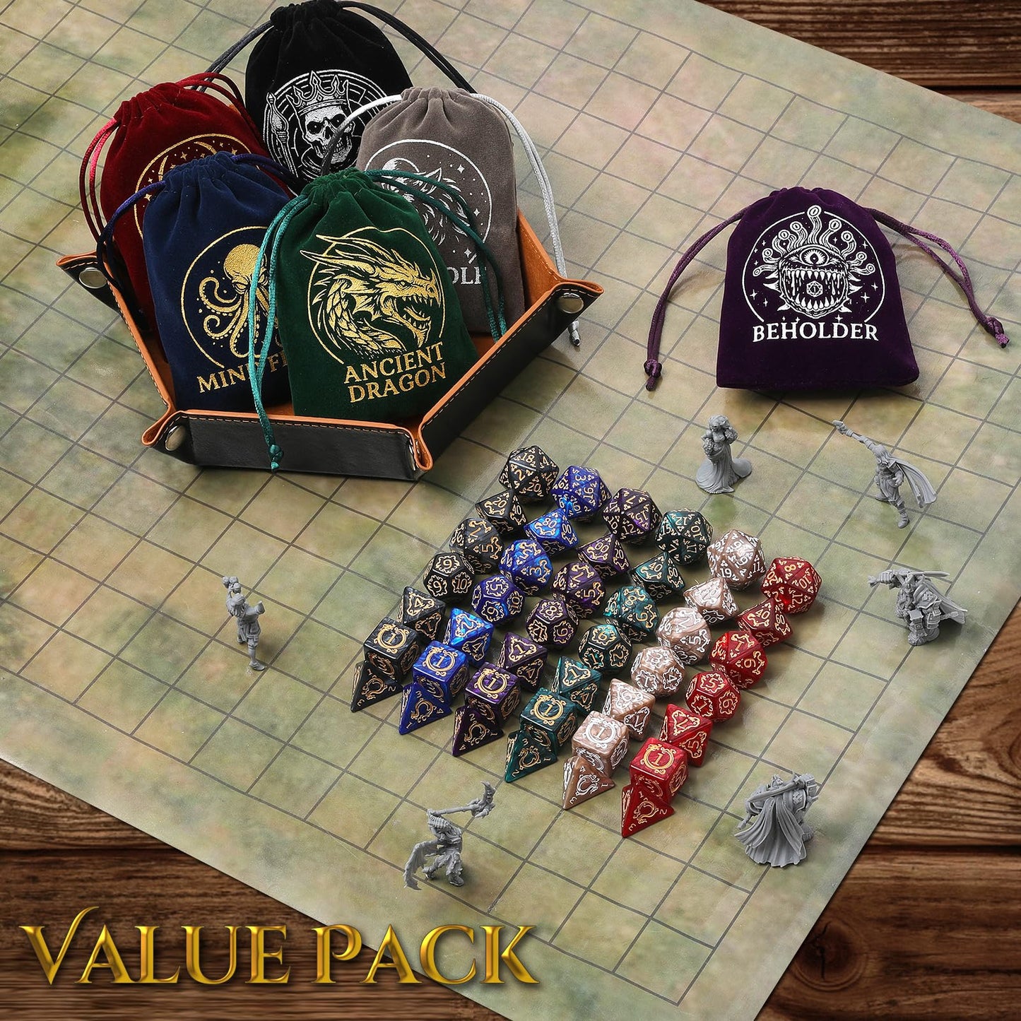 Grajar Vintage Boss Totem 42-Piece Polyhedral Dice Set with Velvet Pouches & PU Leather Tray | Dungeons & Dragons RPG Gear