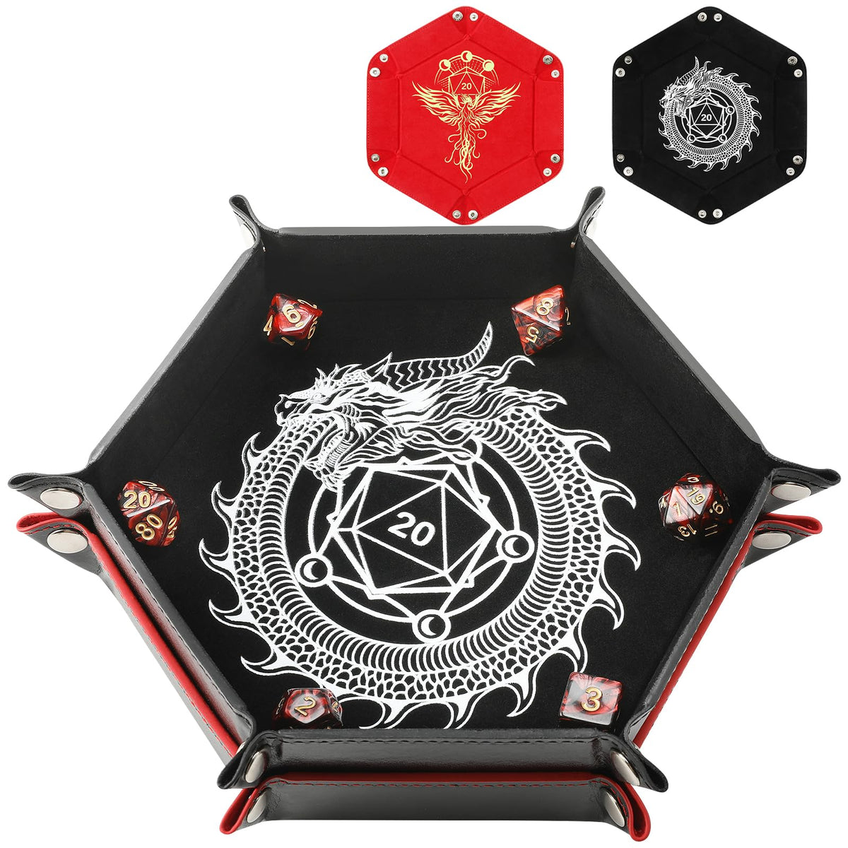 Grajar 2-Pcs Portable Folding Dice Tray Set – Dragon & Phoenix, PU Leather & Velvet