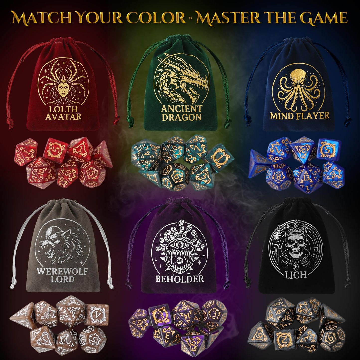 Grajar Vintage Boss Totem 42-Piece Polyhedral Dice Set with Velvet Pouches & PU Leather Tray | Dungeons & Dragons RPG Gear