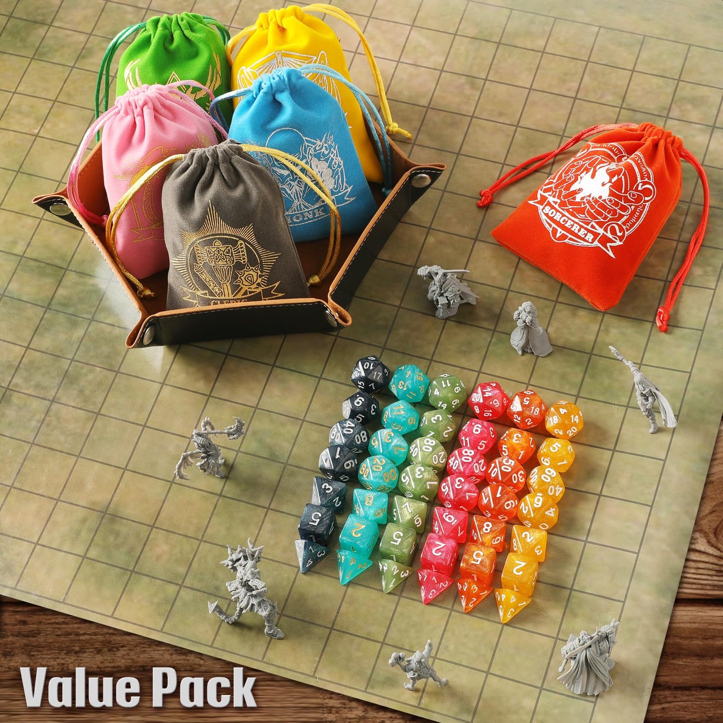Grajar Nebula D&D Dice Set — 42 Polyhedral Dice, Velvet Character Pouches, PU Leather Tray