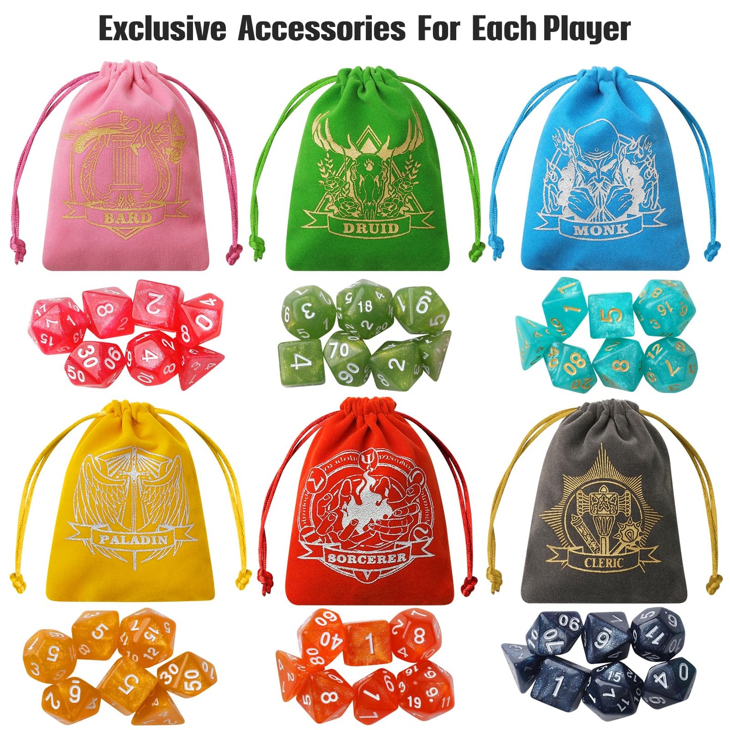 Grajar Nebula D&D Dice Set — 42 Polyhedral Dice, Velvet Character Pouches, PU Leather Tray
