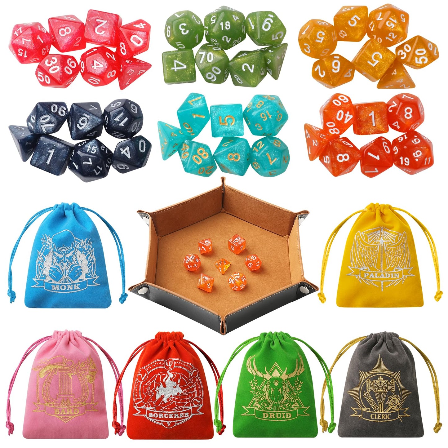 Grajar Nebula D&D Dice Set — 42 Polyhedral Dice, Velvet Character Pouches, PU Leather Tray