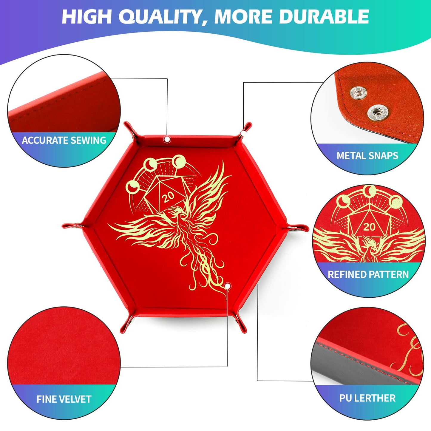 Grajar 2-Pcs Portable Folding Dice Tray Set – Dragon & Phoenix, PU Leather & Velvet