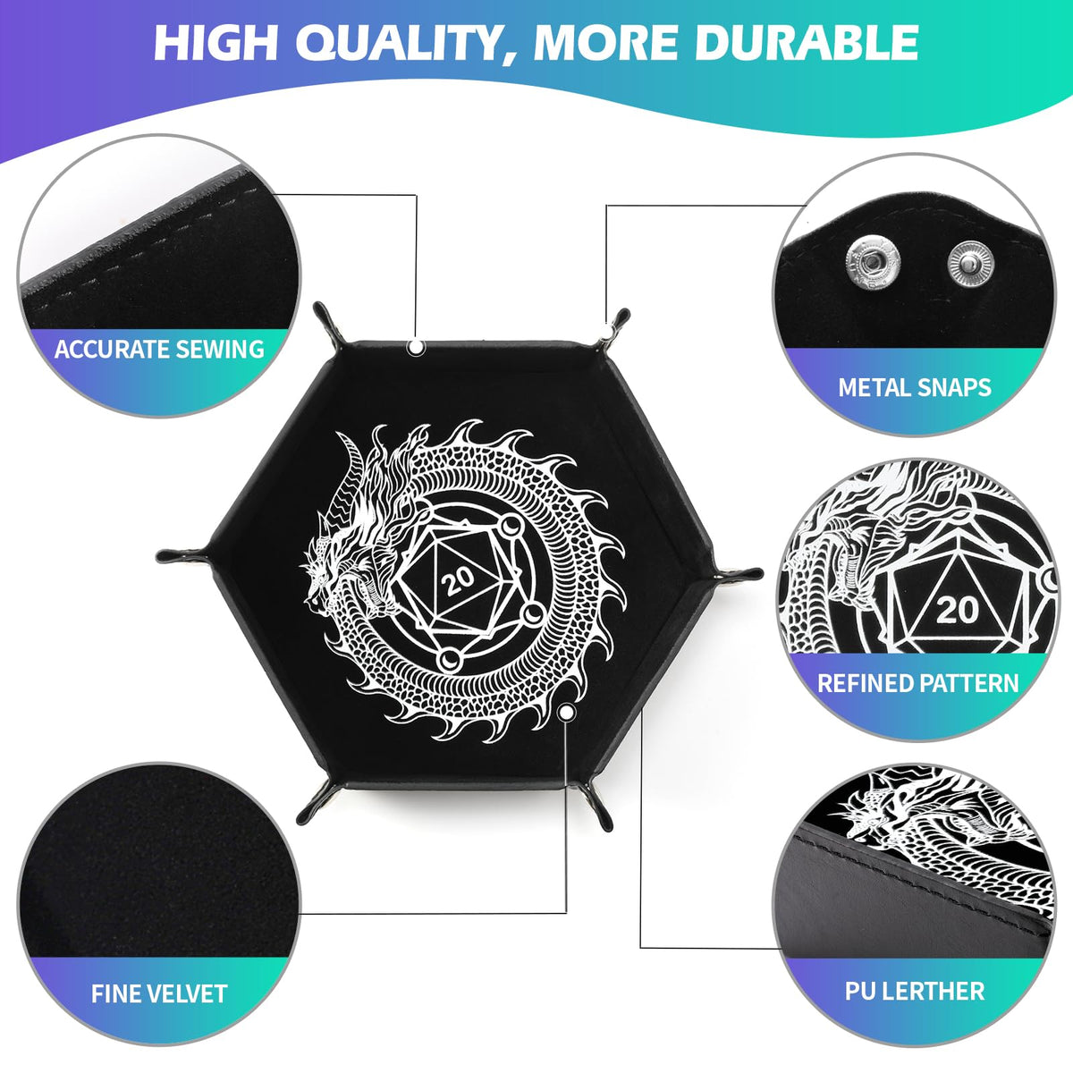 Grajar 2-Pcs Portable Folding Dice Tray Set – Dragon & Phoenix, PU Leather & Velvet
