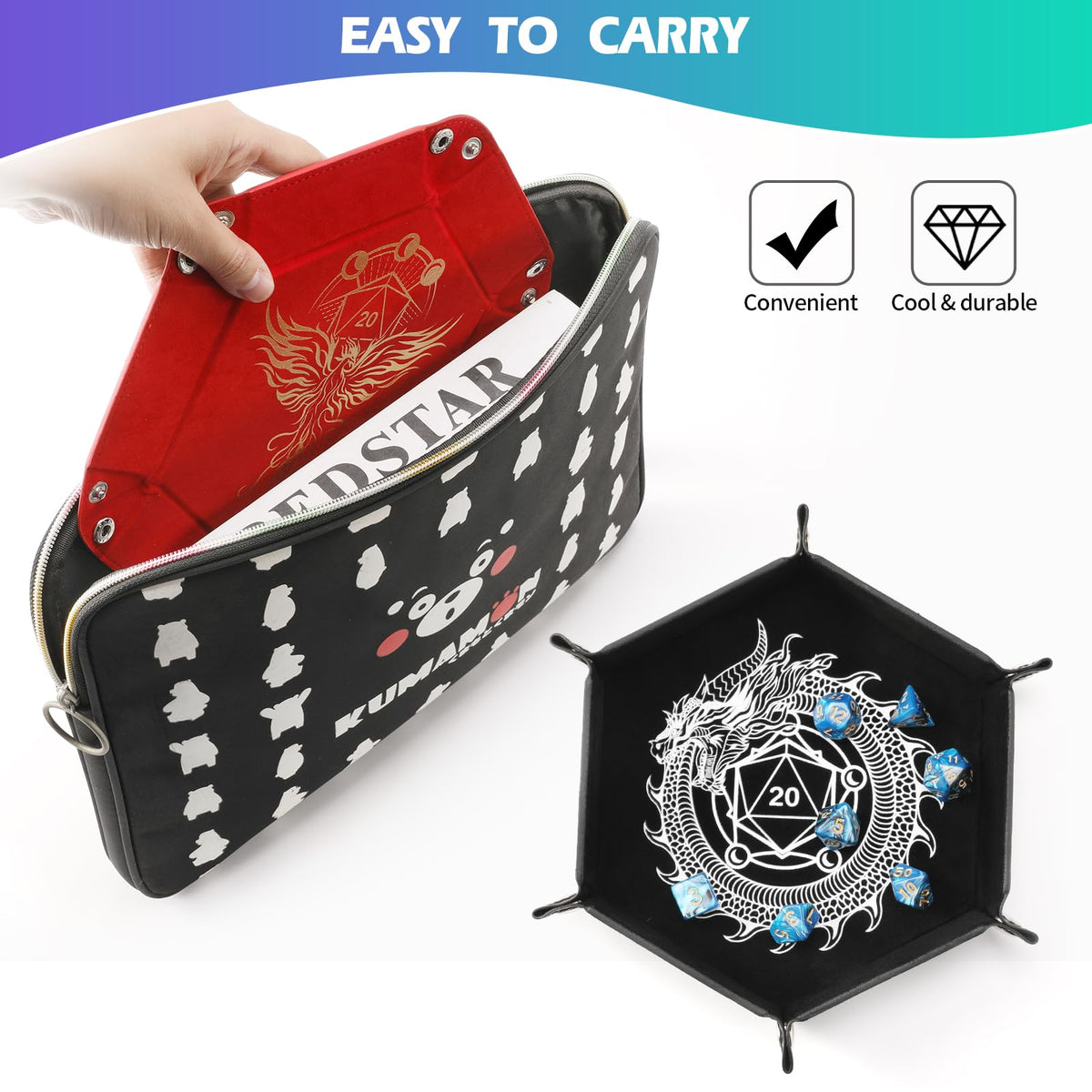 Grajar 2-Pcs Portable Folding Dice Tray Set – Dragon & Phoenix, PU Leather & Velvet