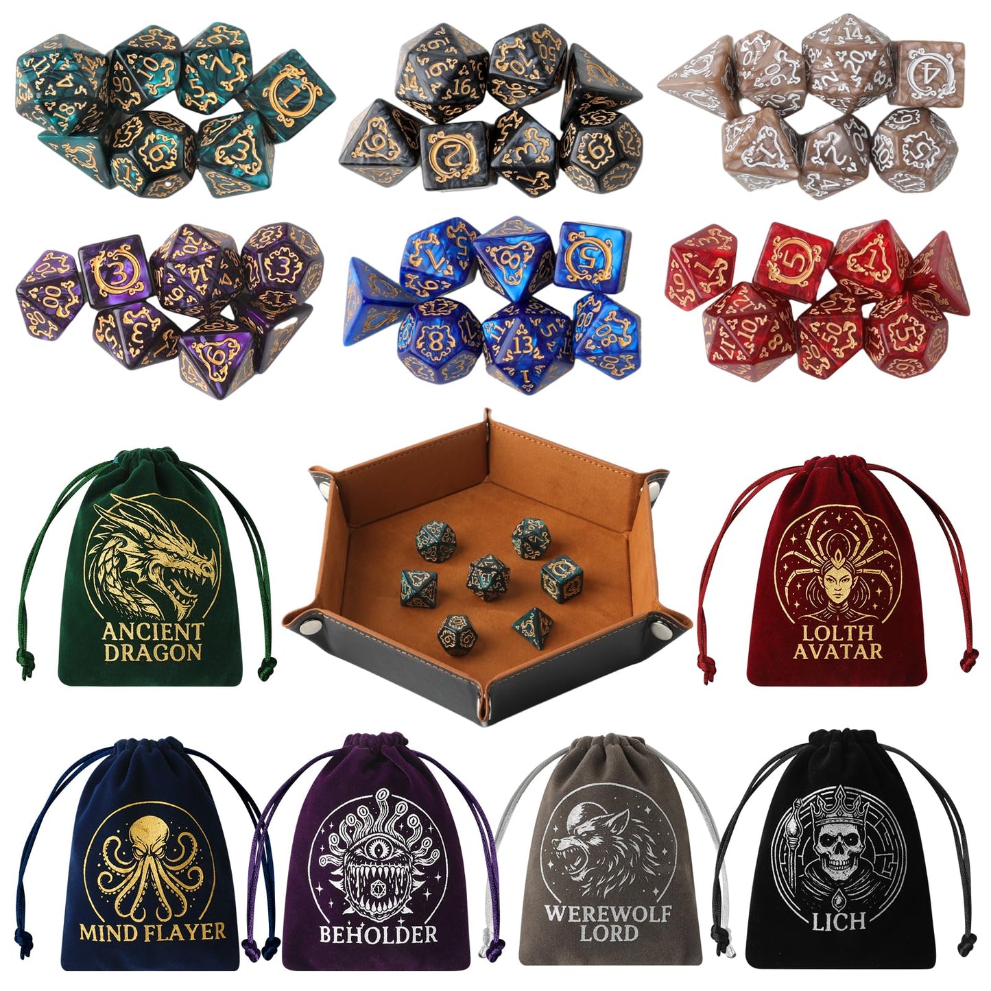 Grajar Vintage Boss Totem 42-Piece Polyhedral Dice Set with Velvet Pouches & PU Leather Tray | Dungeons & Dragons RPG Gear