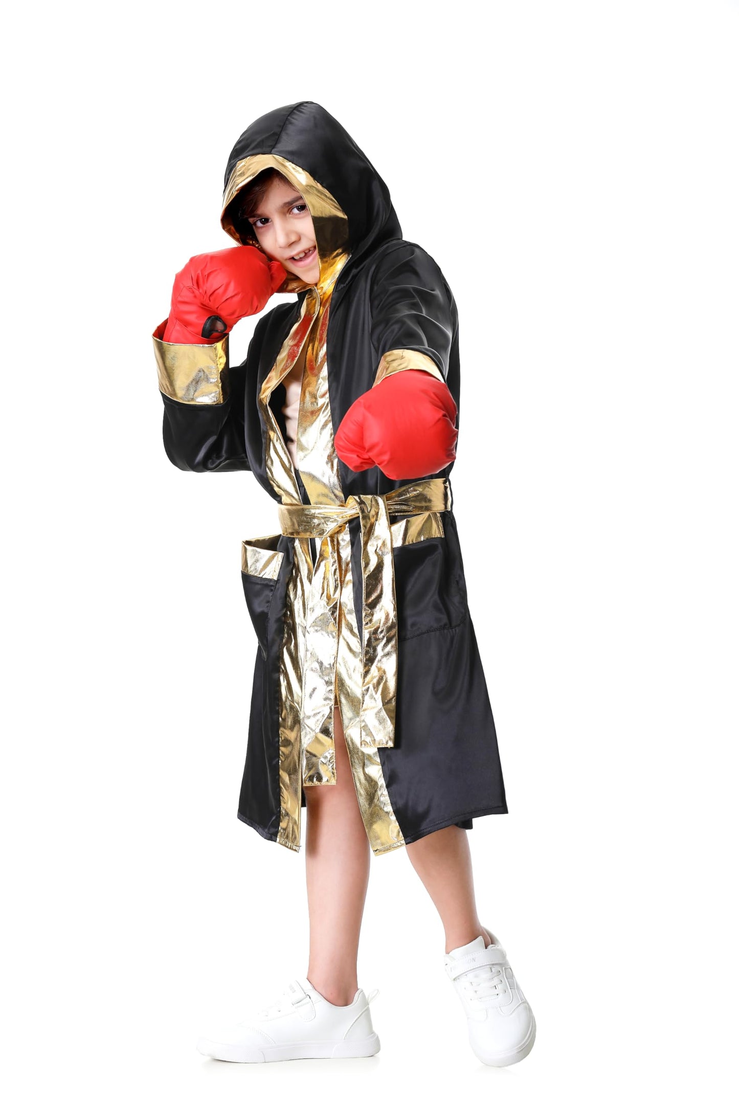 GRAJTCIN Kids Boxing Costume with Hooded Robe – Muscle Shirt, Shorts & Belt Set for Boys