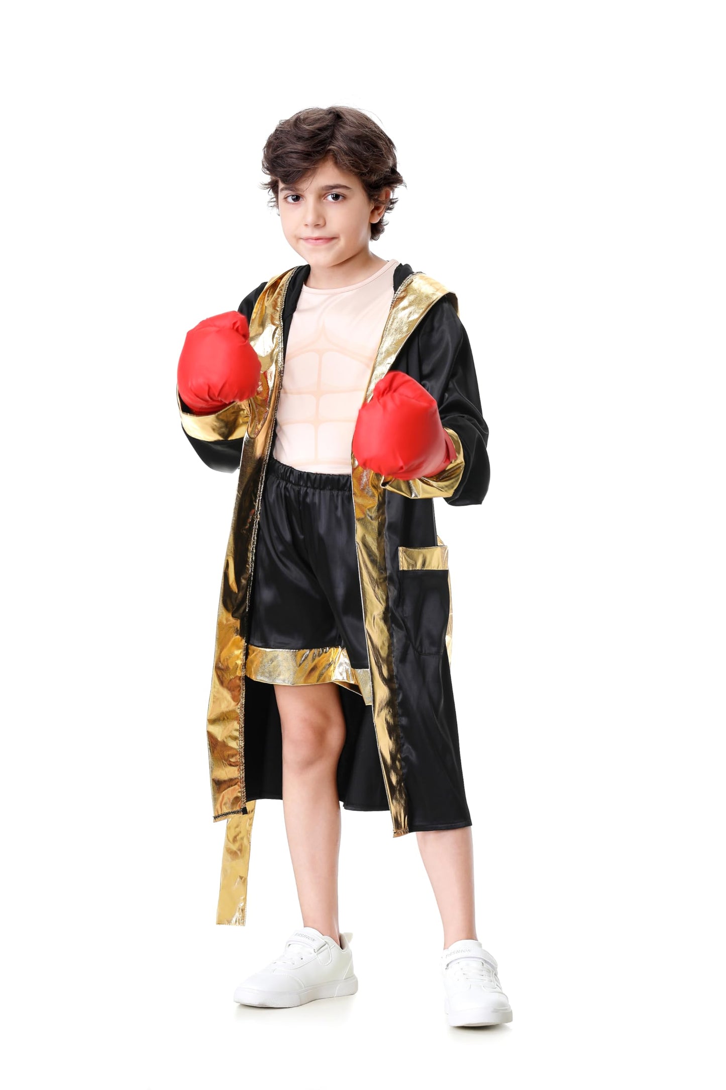 GRAJTCIN Kids Boxing Costume with Hooded Robe – Muscle Shirt, Shorts & Belt Set for Boys