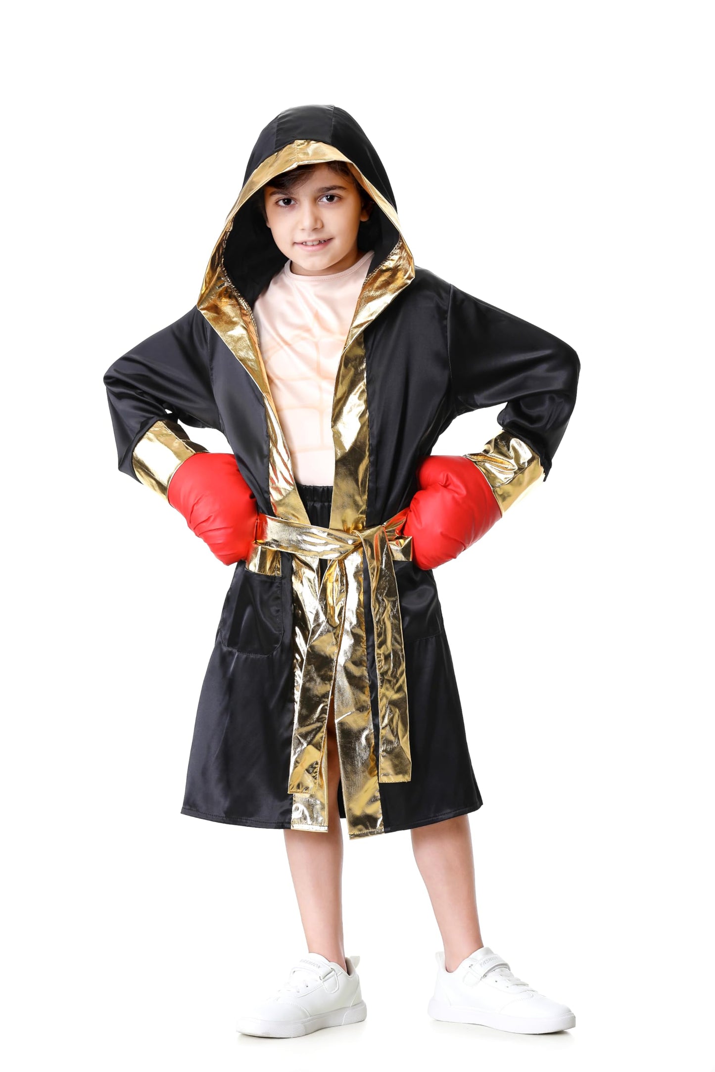 GRAJTCIN Kids Boxing Costume with Hooded Robe – Muscle Shirt, Shorts & Belt Set for Boys