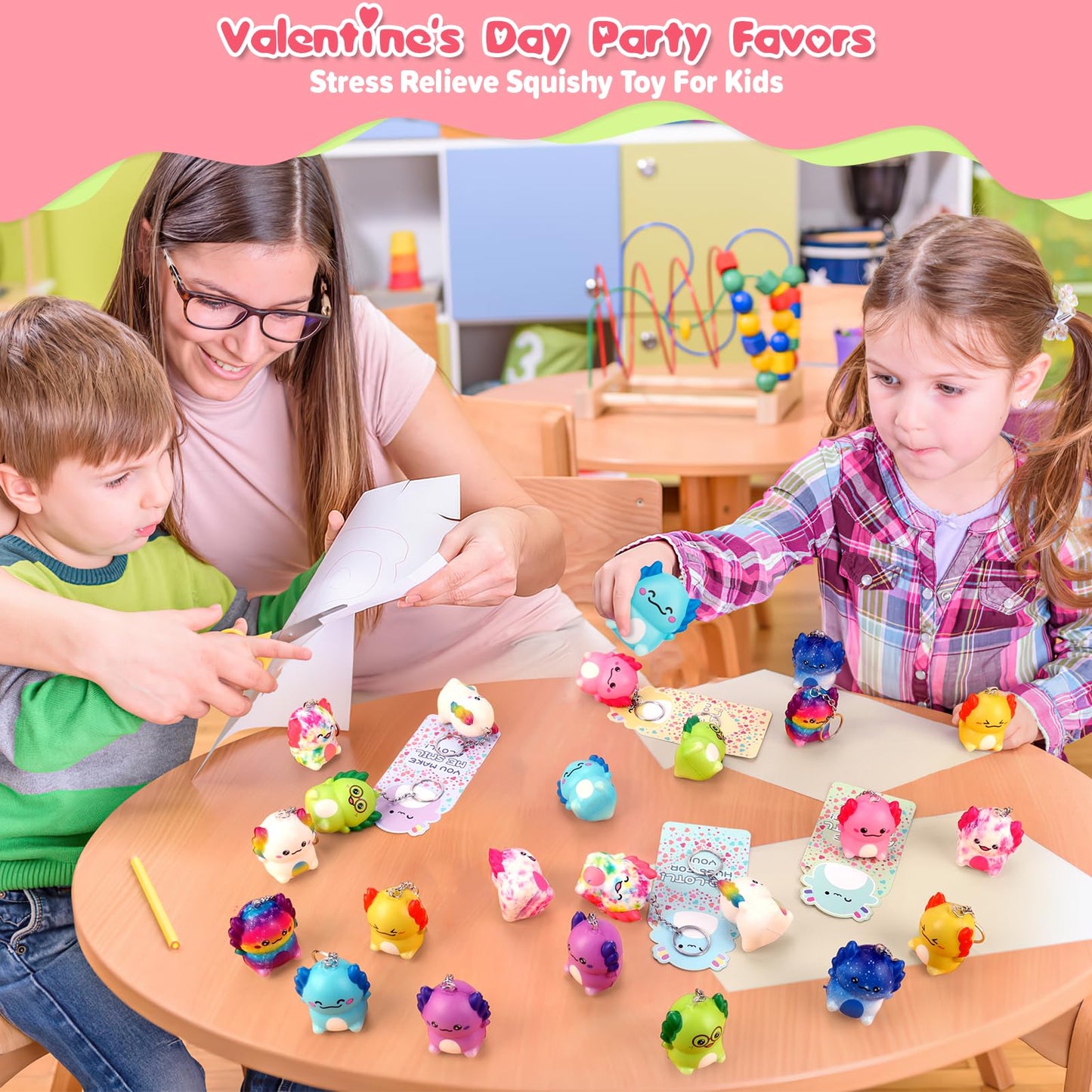 Gralima Valentines Gifts for Kids – 24-Pack Axolotl Squishy Toys & Classroom Cards