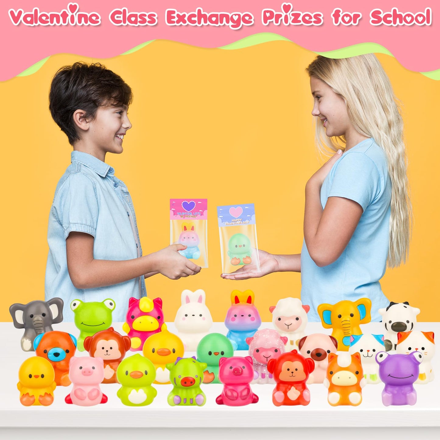 Gralima Valentines Gifts for Kids – 24 Cards & Animal Squishy Toys for Classrooms