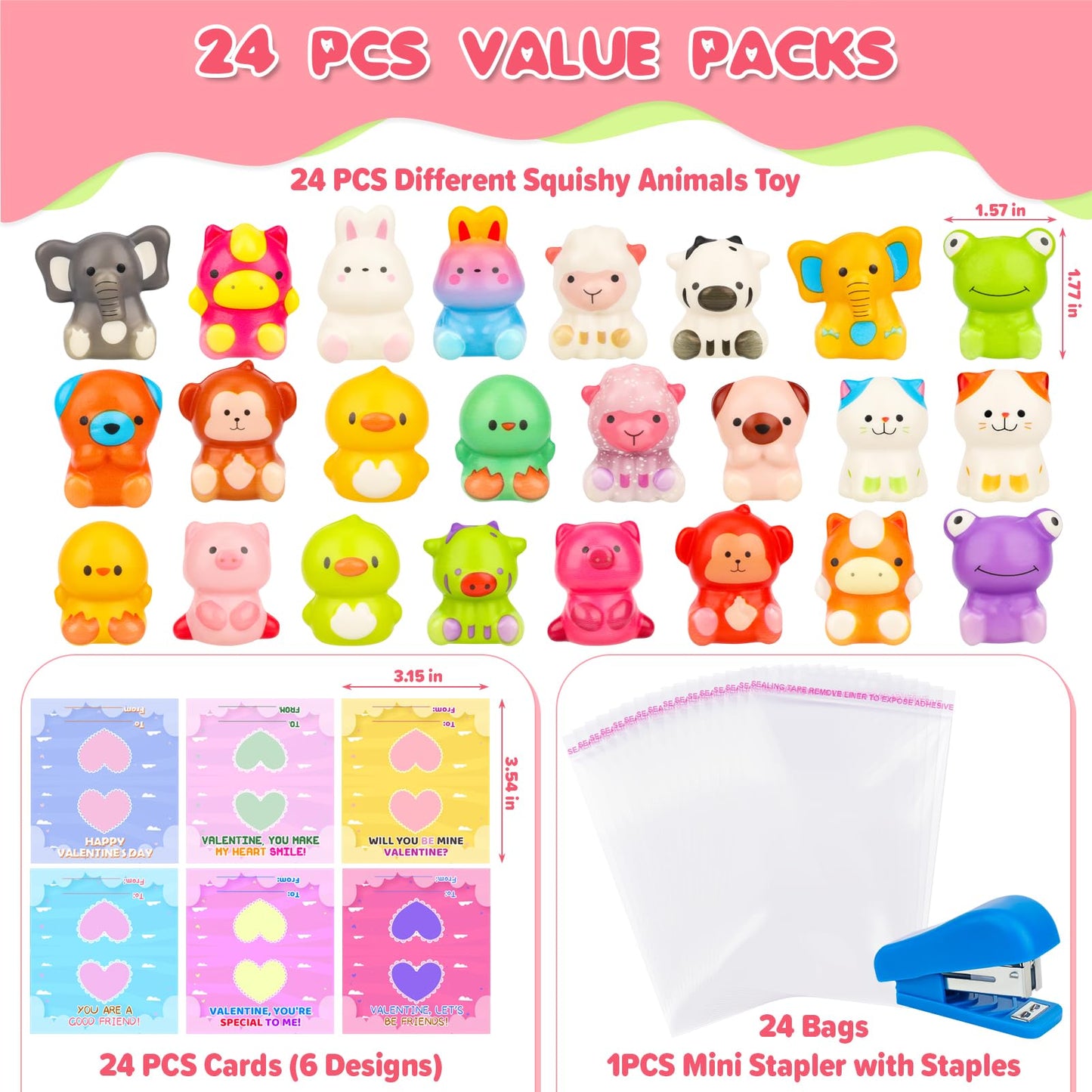 Gralima Valentines Gifts for Kids – 24 Cards & Animal Squishy Toys for Classrooms