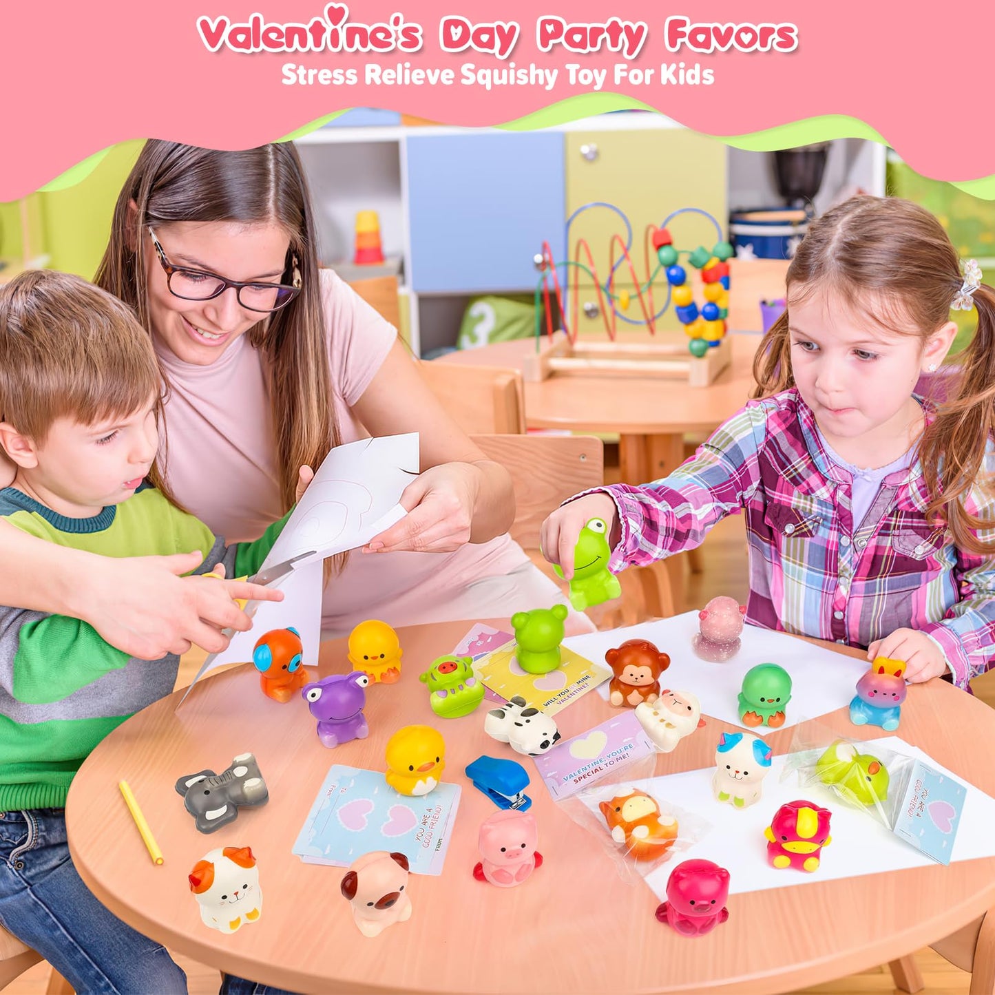 Gralima Valentines Gifts for Kids – 24 Cards & Animal Squishy Toys for Classrooms
