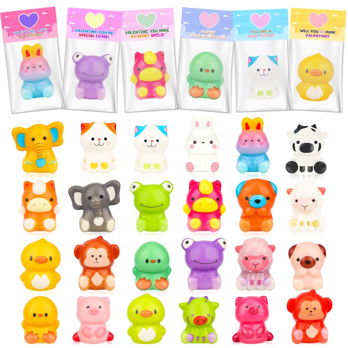 Gralima Valentines Gifts for Kids – 24 Cards & Animal Squishy Toys for Classrooms