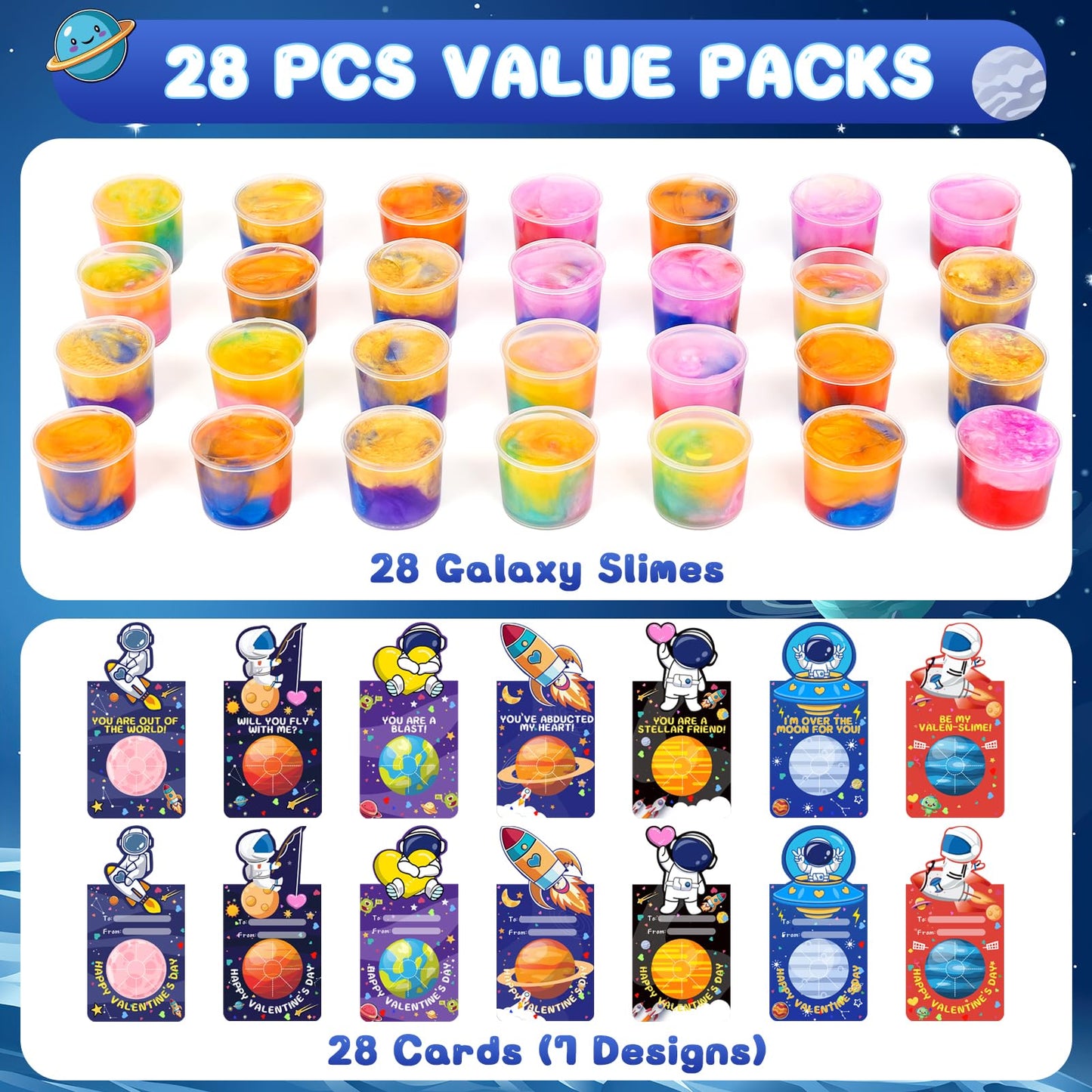 Gralima 28-Pack Galaxy Slime Valentines for Kids – Classroom Gifts