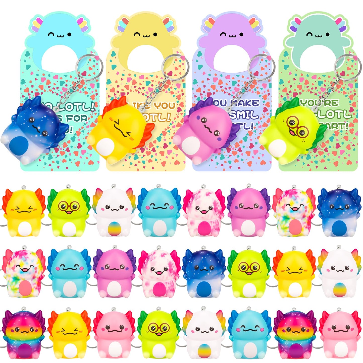 Gralima Valentines Gifts for Kids – 24-Pack Axolotl Squishy Toys & Classroom Cards