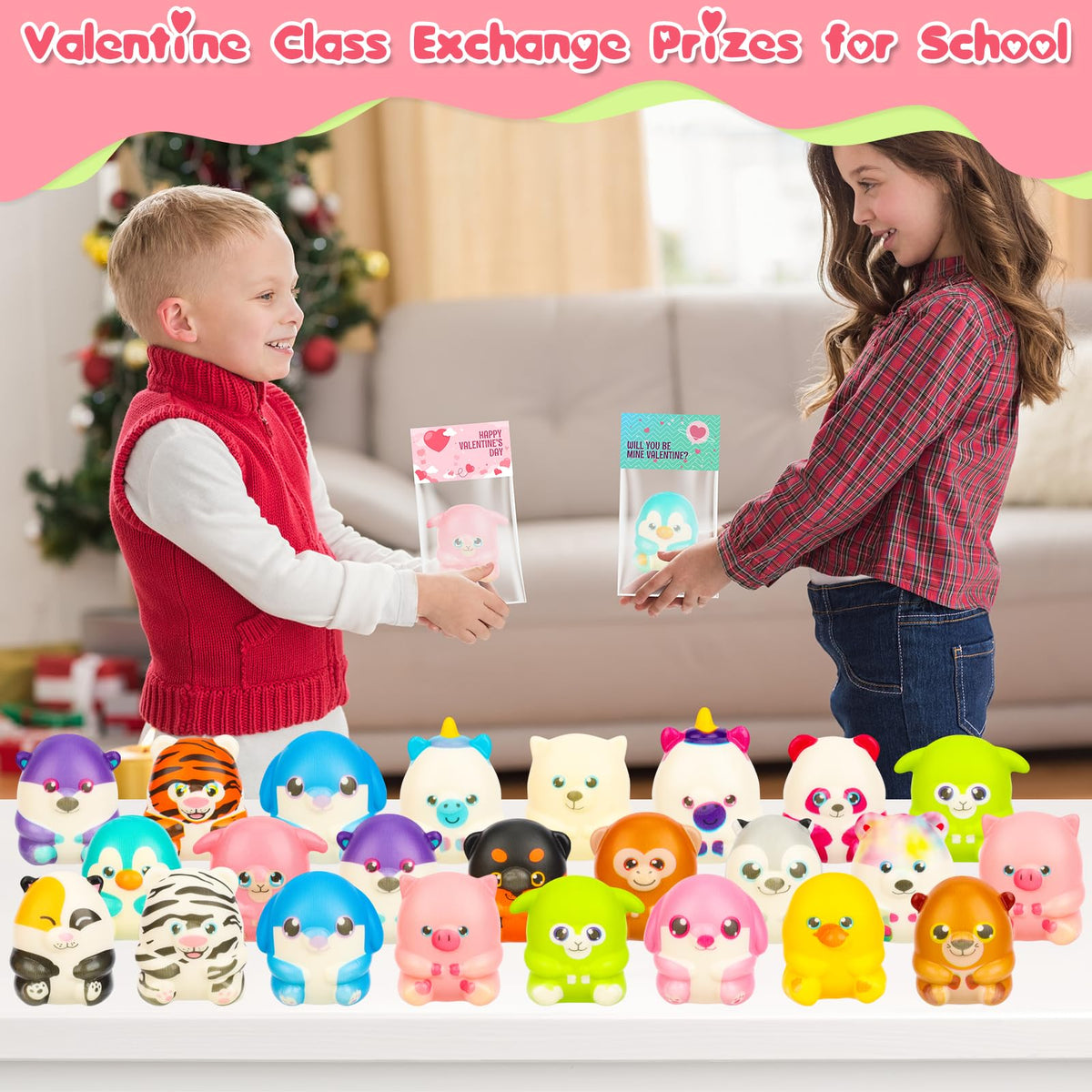 Gralima Valentines Gifts for Kids – 24-Pack Classroom Cards with Animal Squishy Toys