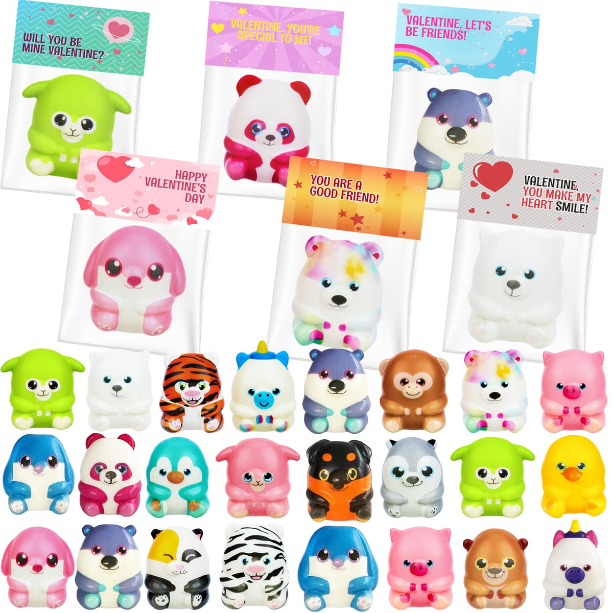 Gralima Valentines Gifts for Kids – 24-Pack Classroom Cards with Animal Squishy Toys