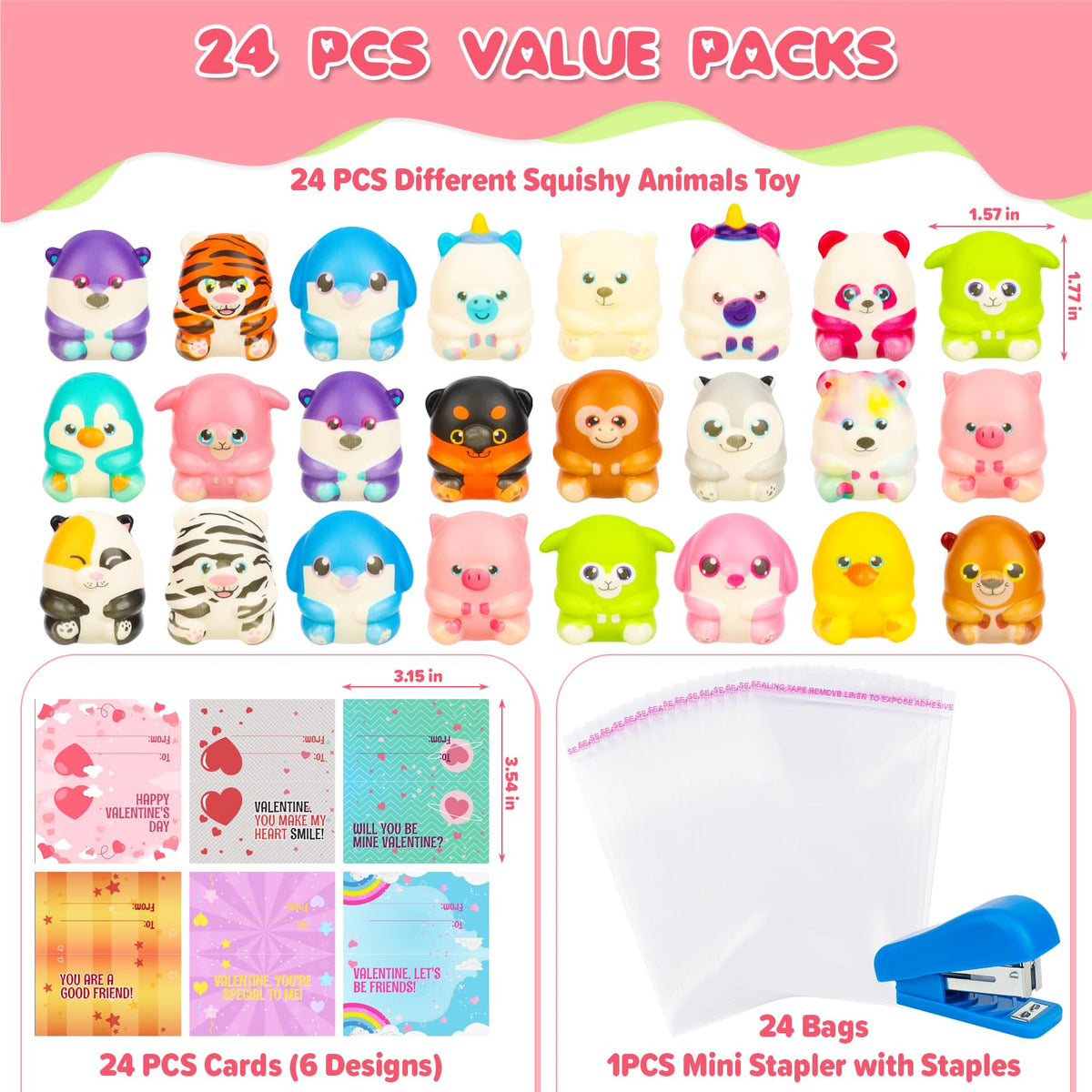 Gralima Valentines Gifts for Kids – 24-Pack Classroom Cards with Animal Squishy Toys