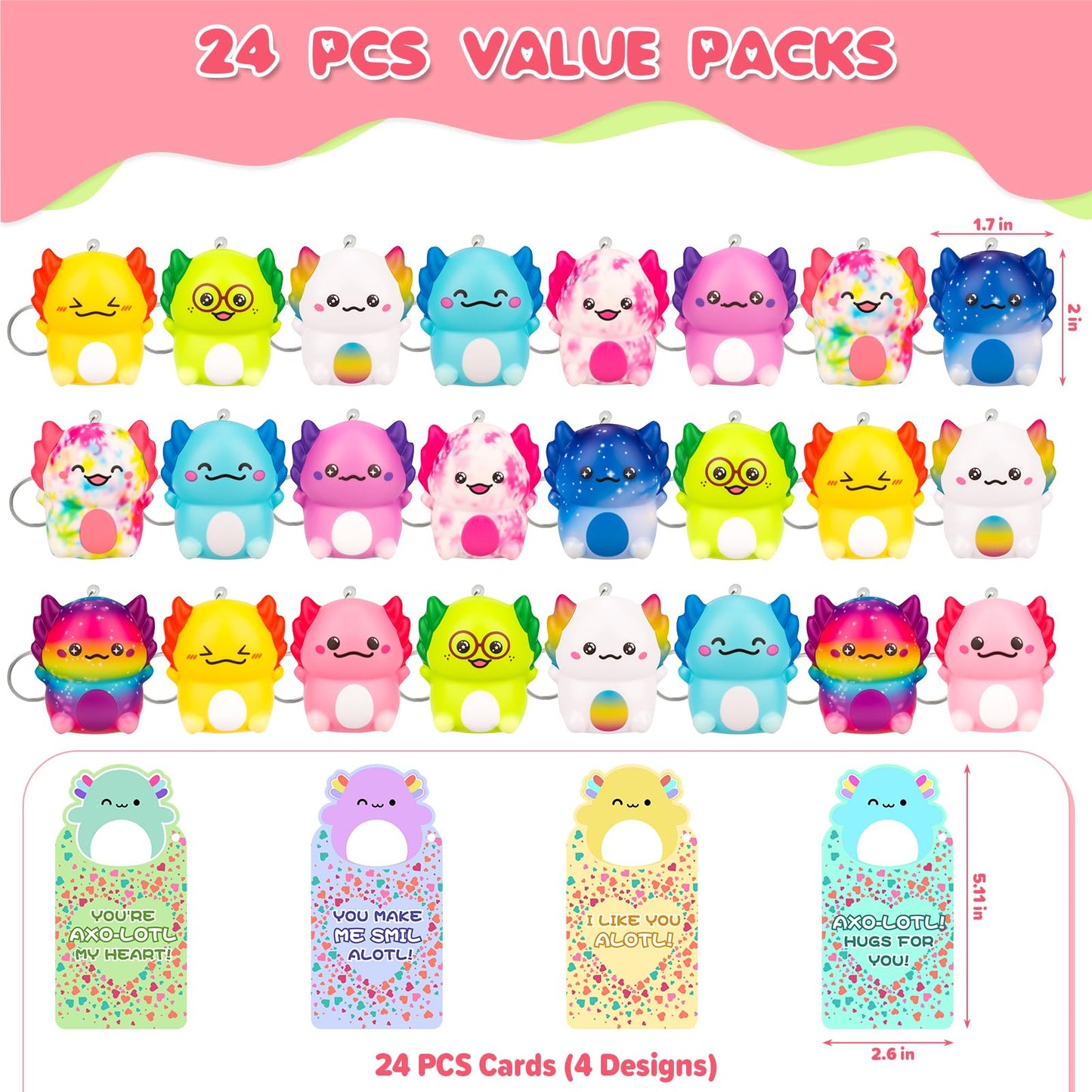 Gralima Valentines Gifts for Kids – 24-Pack Axolotl Squishy Toys & Classroom Cards
