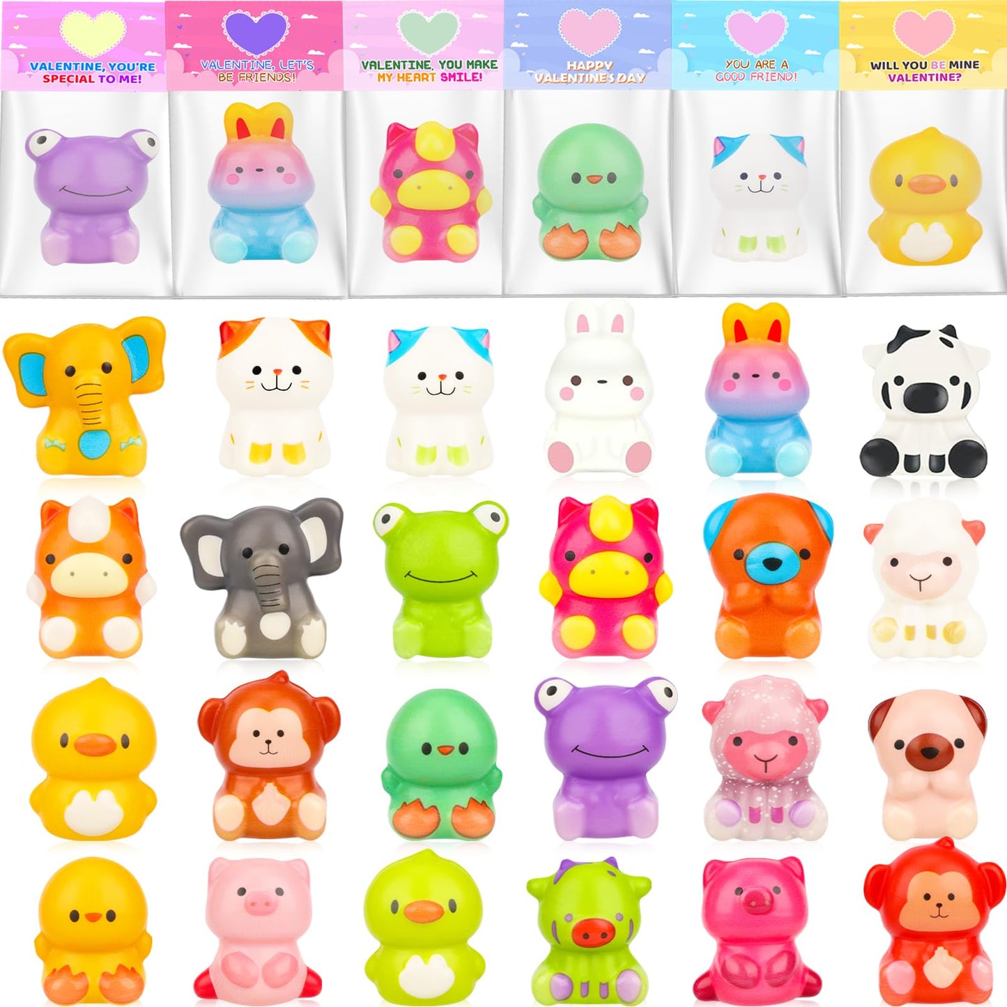 Gralima Valentines Gifts for Kids – 24 Cards & Animal Squishy Toys for Classrooms