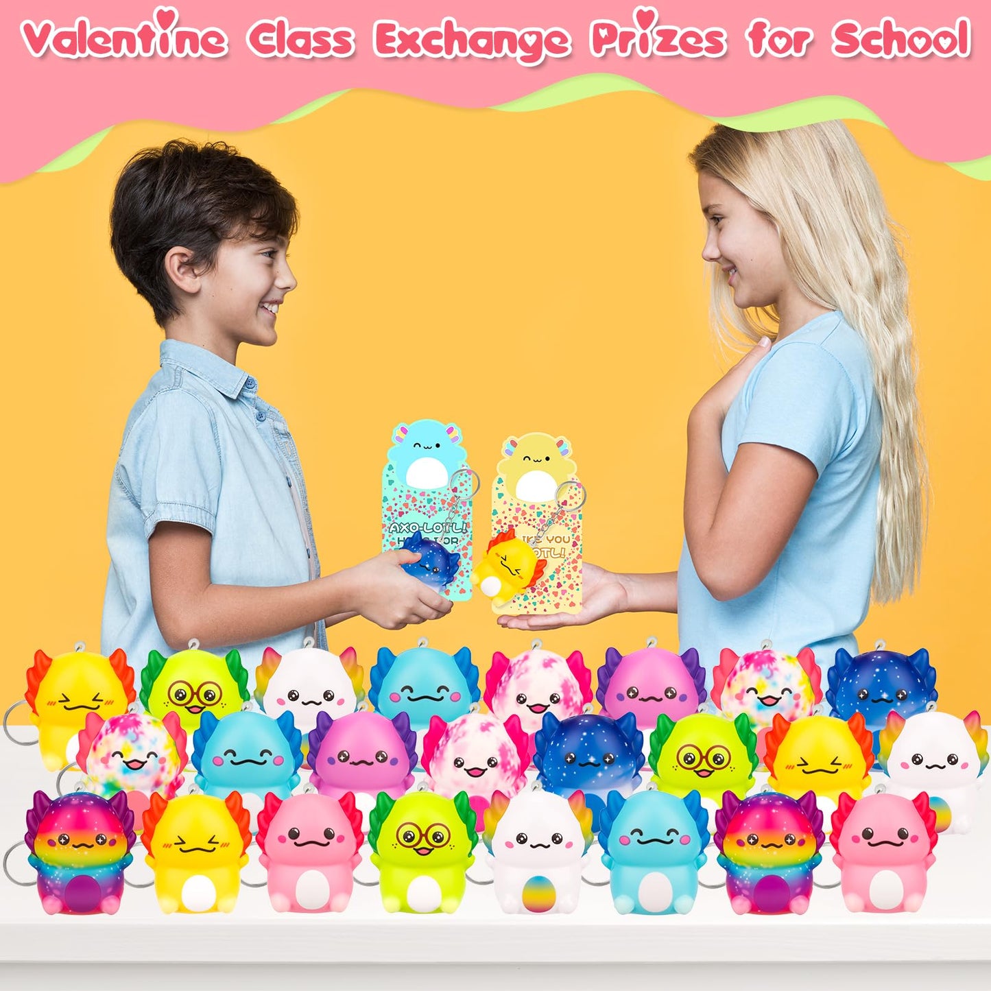 Gralima Valentines Gifts for Kids – 24-Pack Axolotl Squishy Toys & Classroom Cards