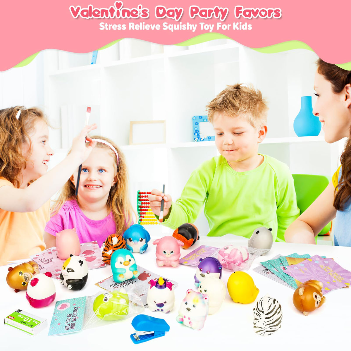 Gralima Valentines Gifts for Kids – 24-Pack Classroom Cards with Animal Squishy Toys