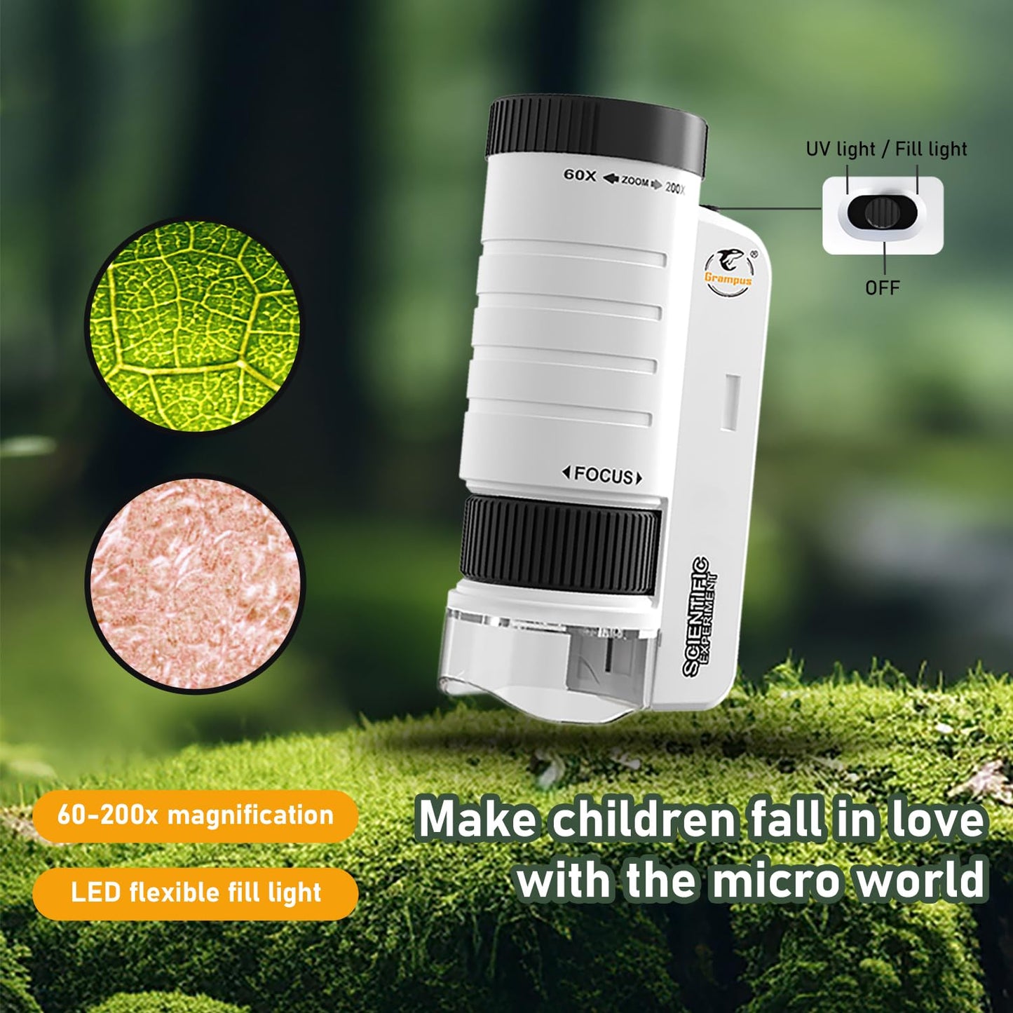 Grampus 60x-200x LED Pocket Microscope | Portable Handheld STEM Toy