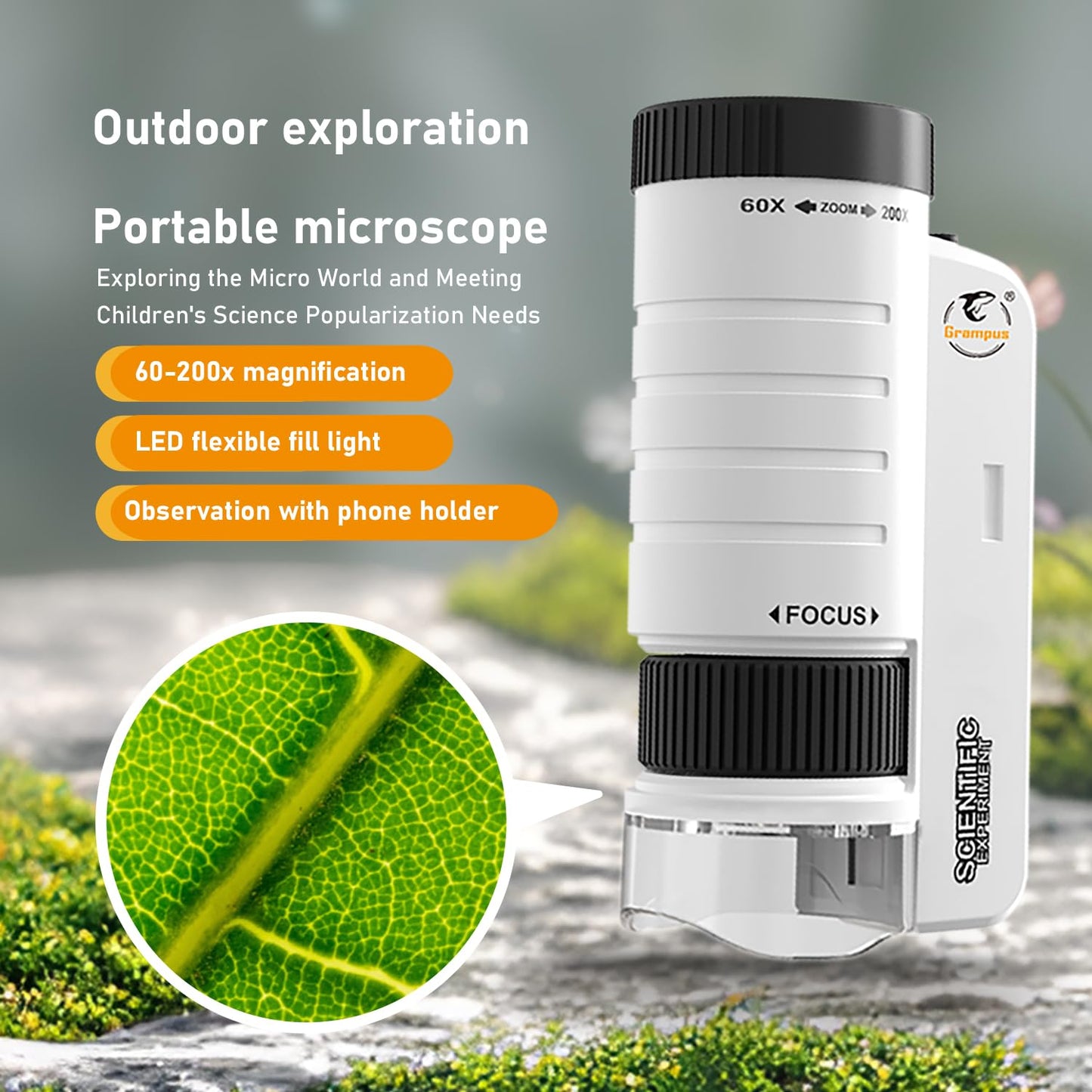 Grampus 60x-200x LED Pocket Microscope | Portable Handheld STEM Toy