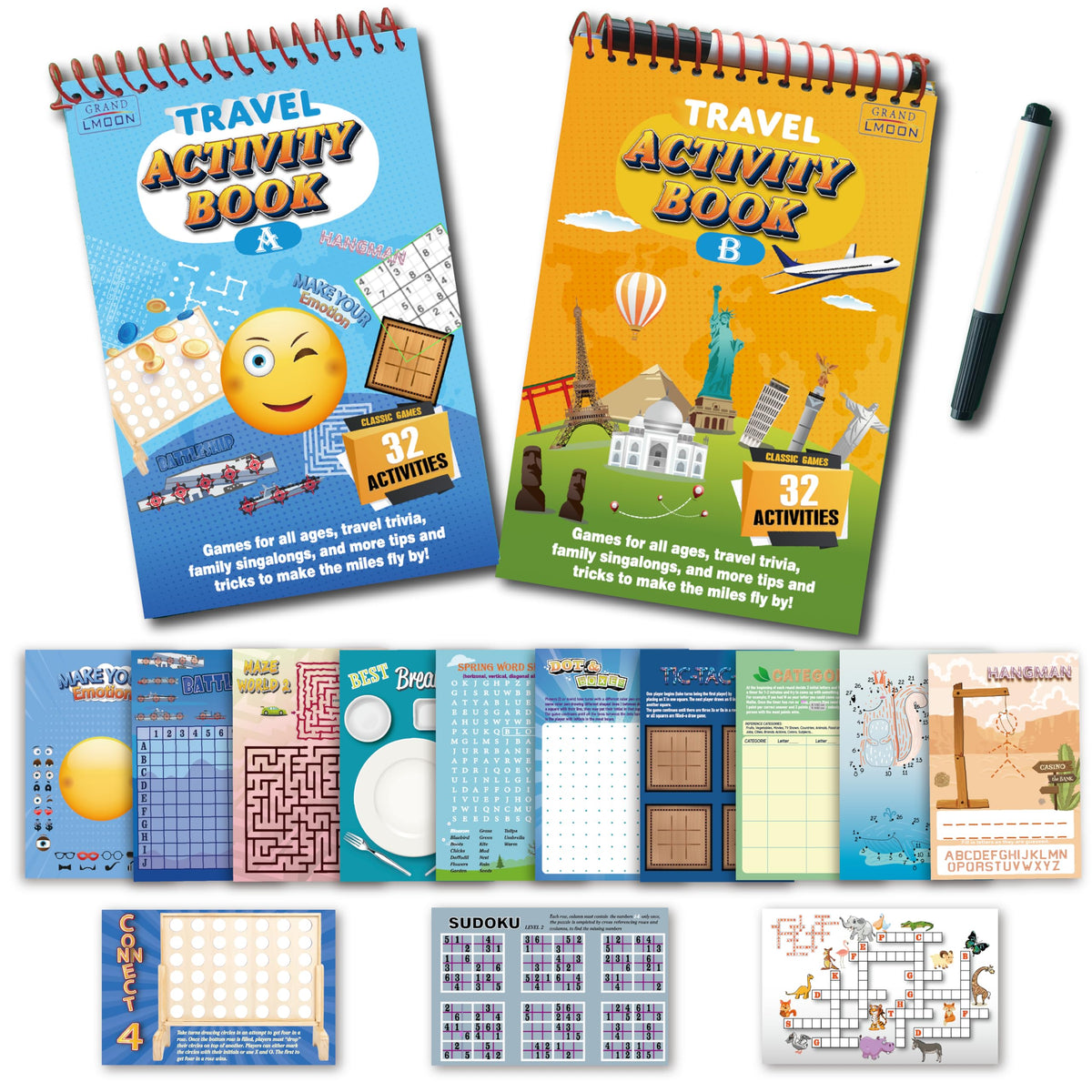 GRANDLMOON 2-Pack Reusable 32-Activity Travel Game Mats – 9x6 in, Marker Included | Ages 6-12
