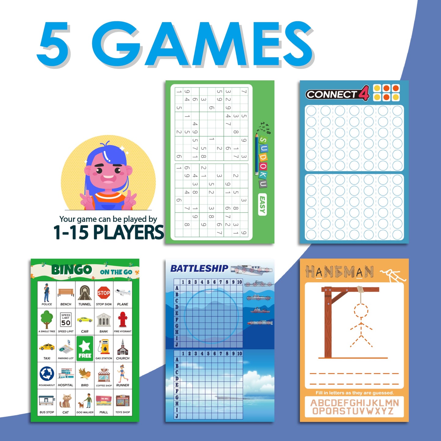 GRANDLMOON 5 Portable Travel Game Pad – 6x9 in, 75 Sheets, 5 Classic Games for Teens (Version 2)