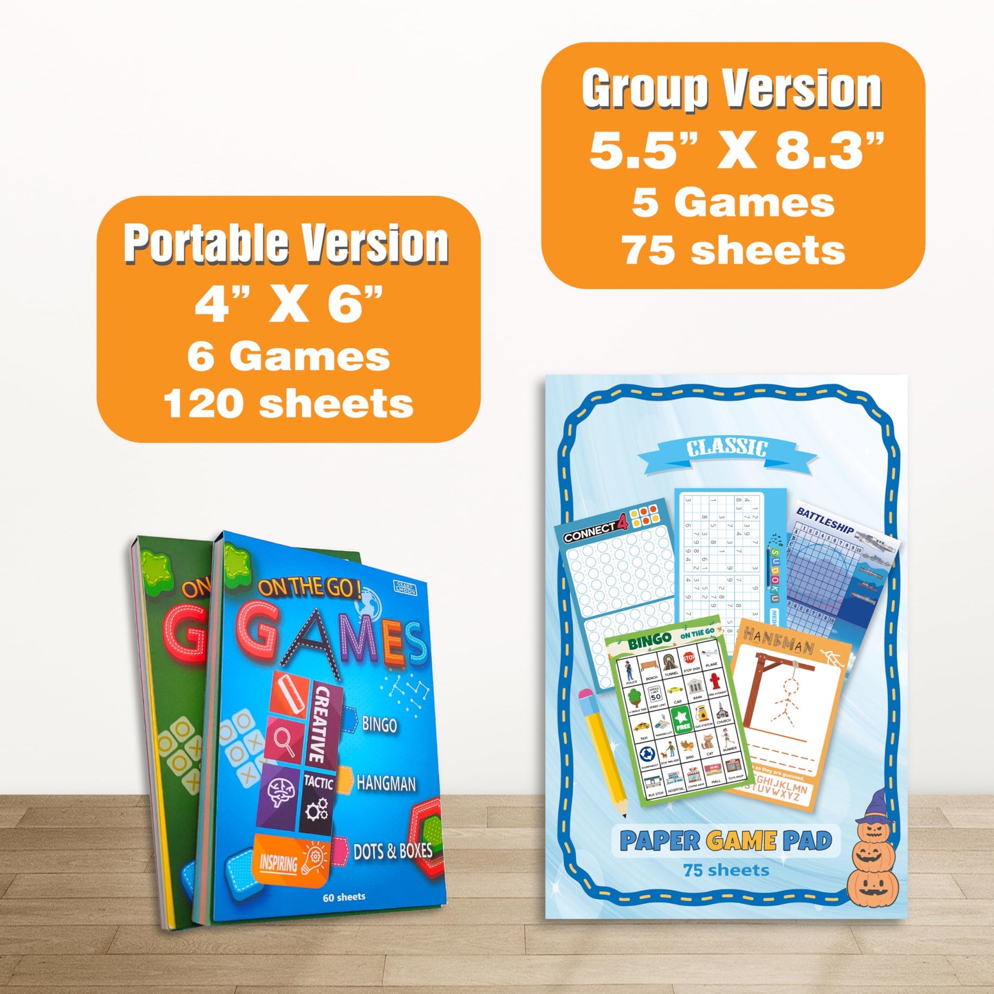 GRANDLMOON 5 Portable Travel Game Pad – 6x9 in, 75 Sheets, 5 Classic Games for Teens (Version 2)