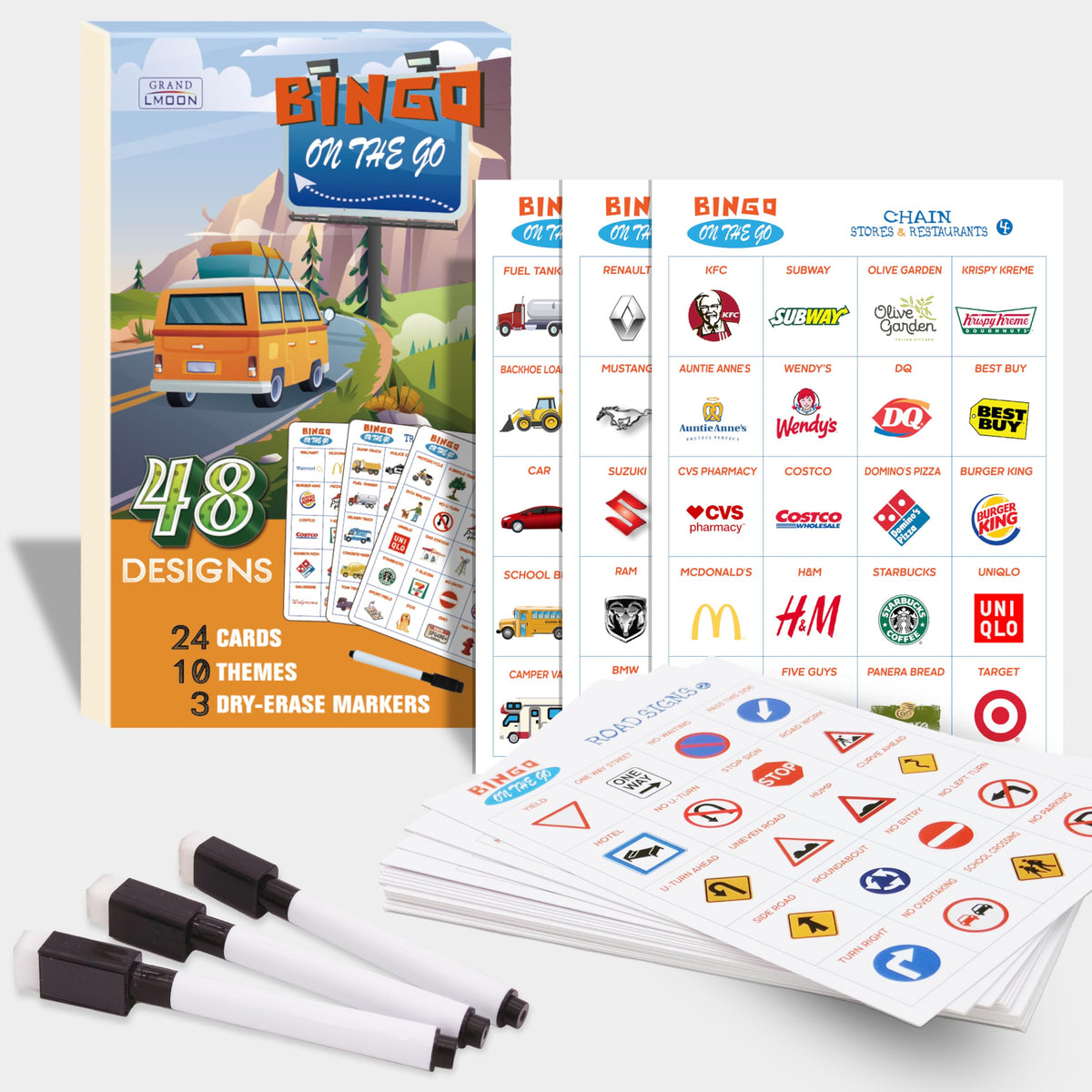 GRANDLMOON Car Bingo Game: 48 Designs, 9 Themes, 3 Markers for Kids (Ages 3–8)